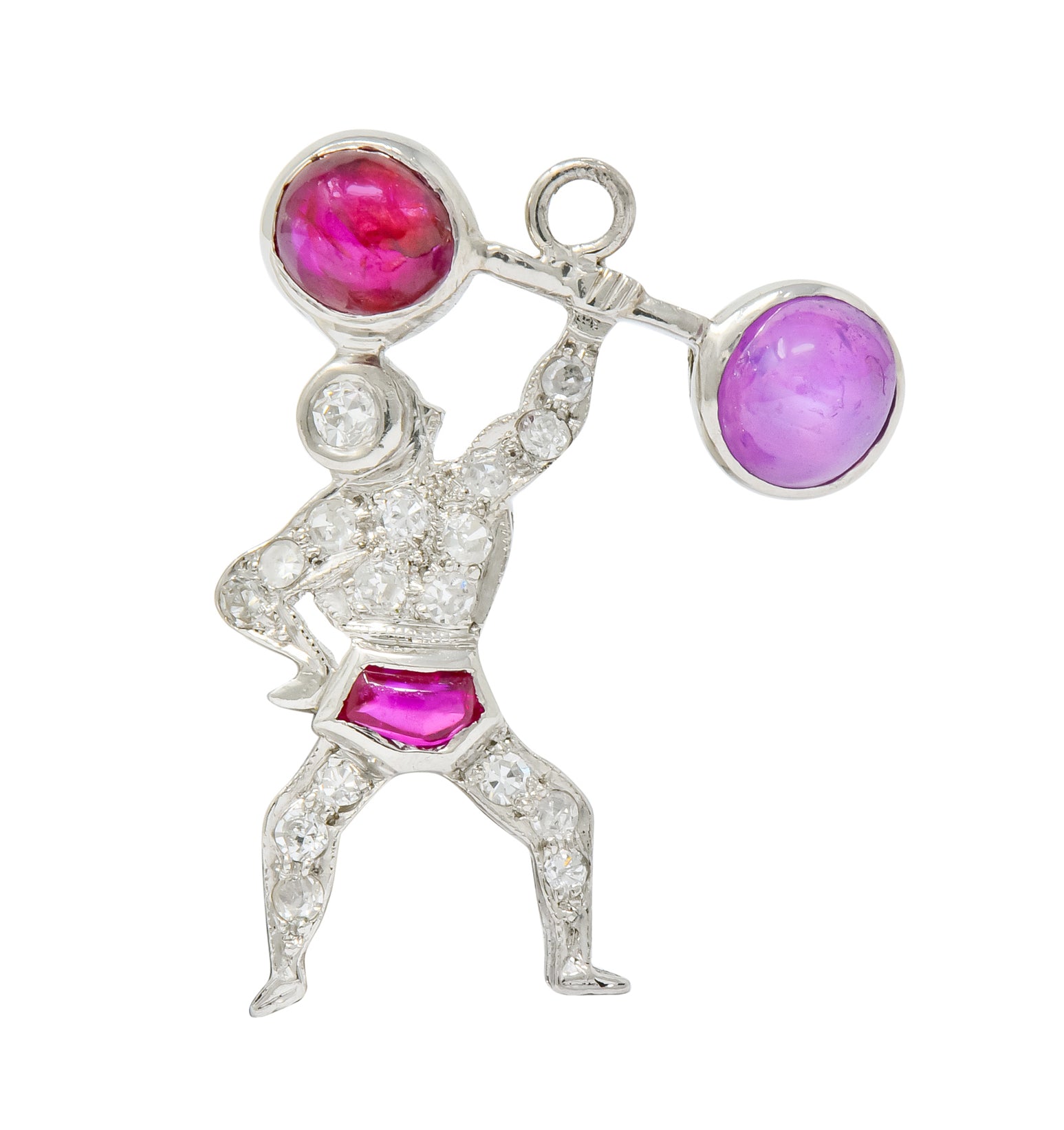 Large Art Deco Ruby Cabochon Diamond Platinum Strong Man Weightlifter Charm - Wilson's Estate Jewelry