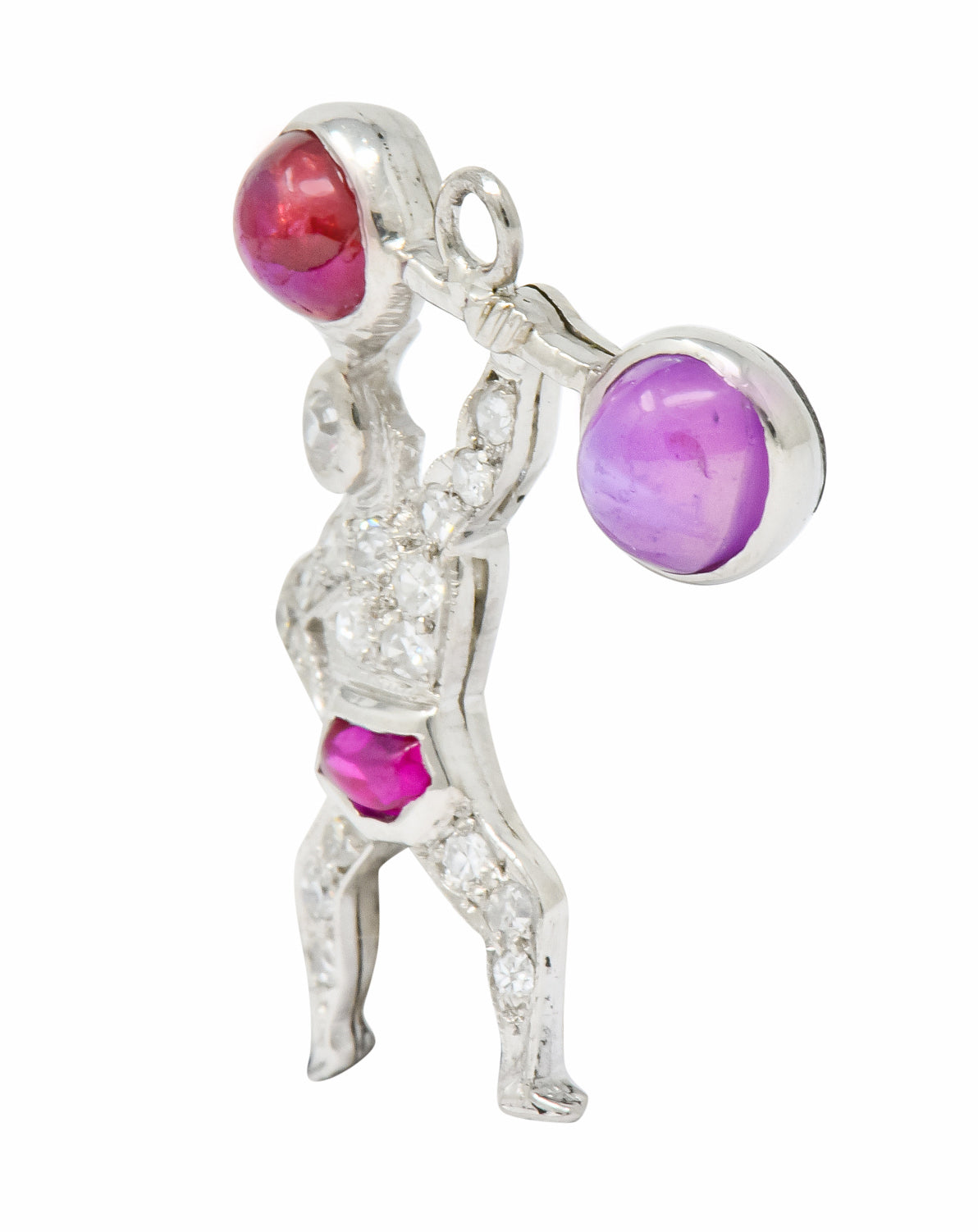 Large Art Deco Ruby Cabochon Diamond Platinum Strong Man Weightlifter Charm - Wilson's Estate Jewelry