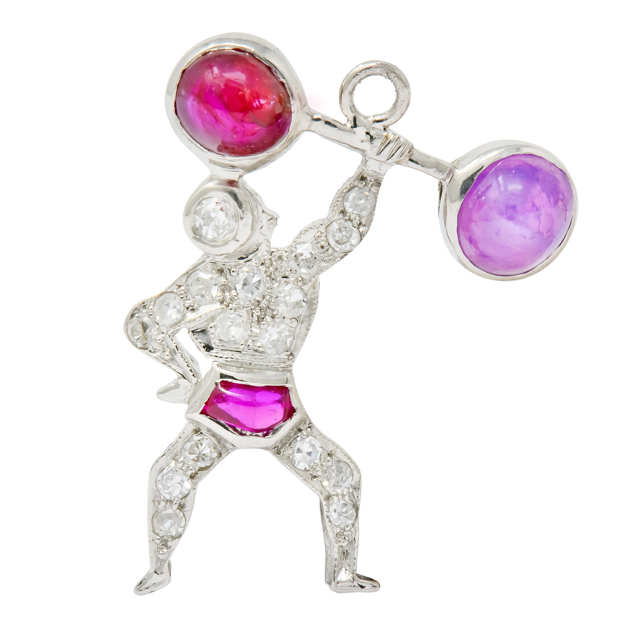 Large Art Deco Ruby Cabochon Diamond Platinum Strong Man Weightlifter Charm - Wilson's Estate Jewelry