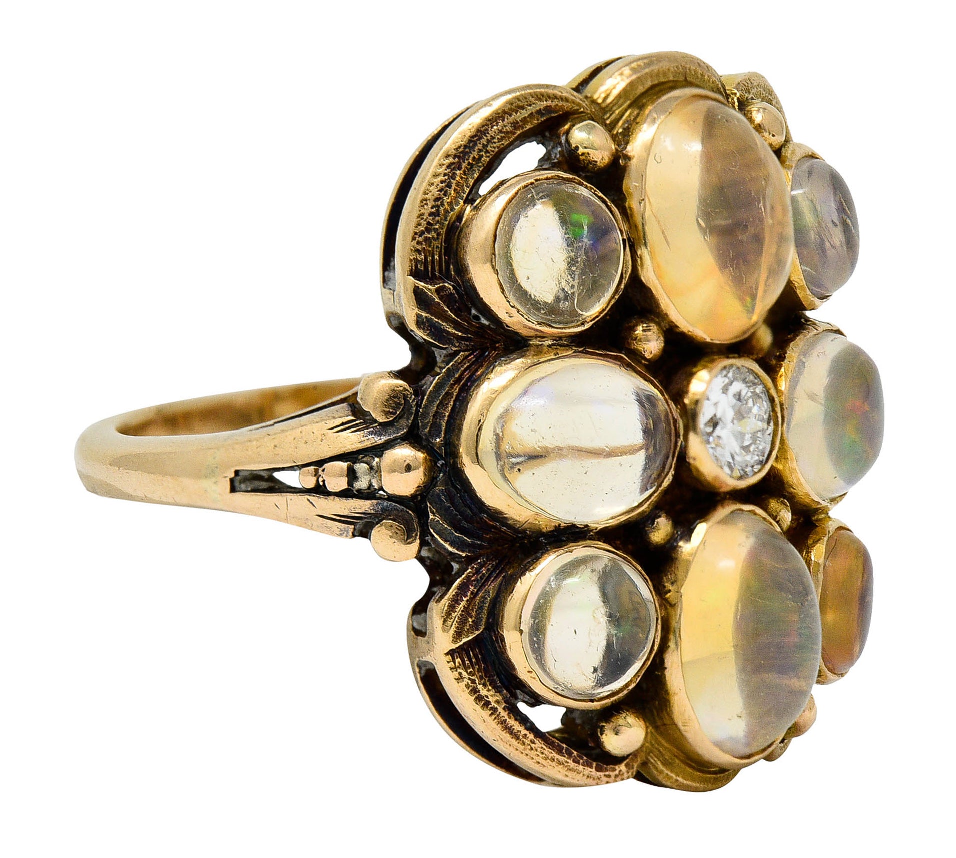 1900 Art Nouveau Diamond Jelly Opal 14 Karat Gold Cluster RingRing - Wilson's Estate Jewelry