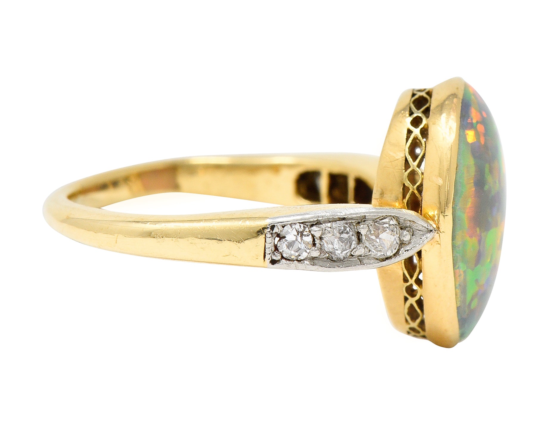 Edwardian Diamond Black Opal Platinum-Topped 18 Karat Yellow Gold Ring Wilson's Estate Jewelry