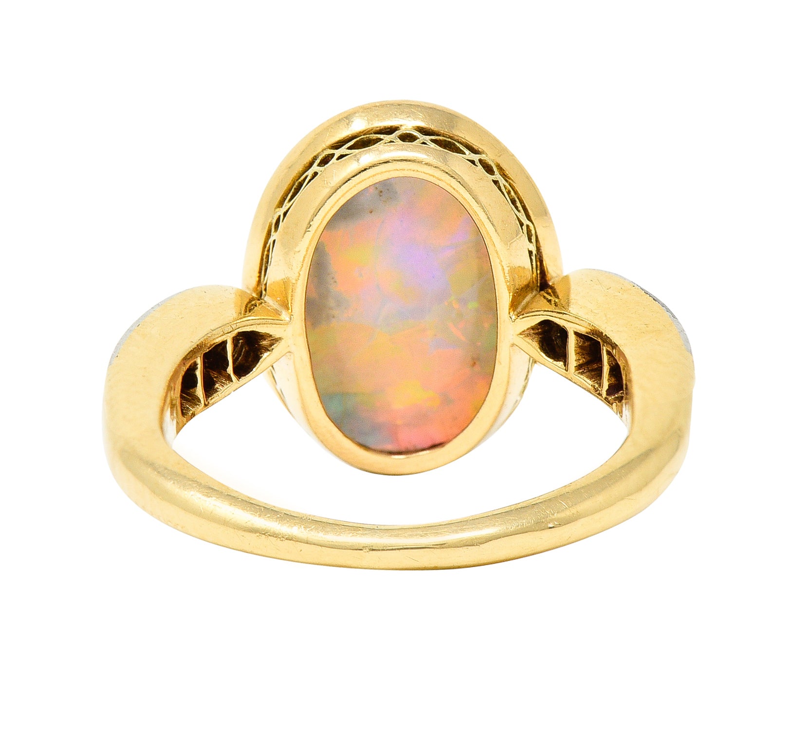 Edwardian Diamond Black Opal Platinum-Topped 18 Karat Yellow Gold Ring Wilson's Estate Jewelry