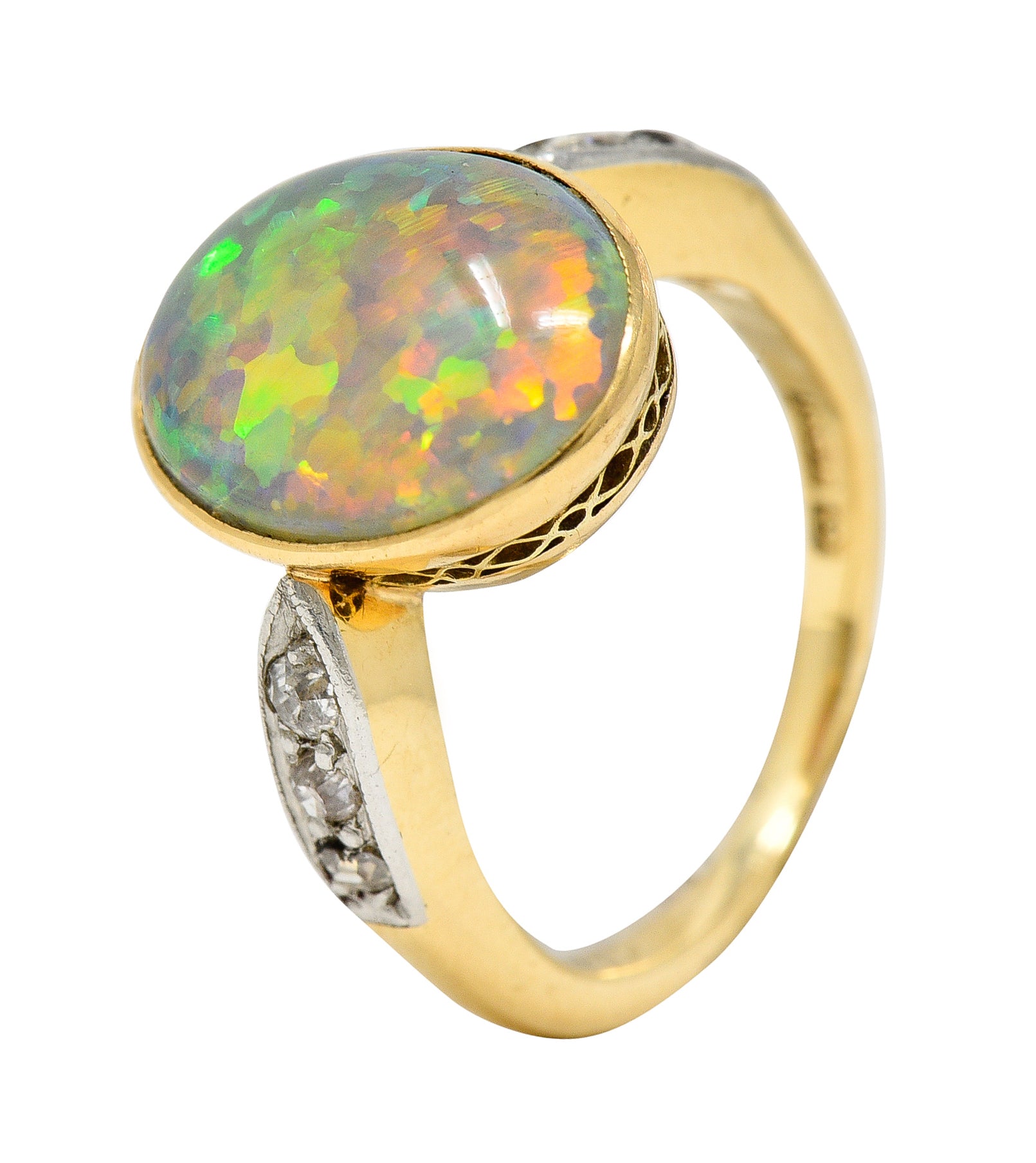 Edwardian Diamond Black Opal Platinum-Topped 18 Karat Yellow Gold Ring Wilson's Estate Jewelry