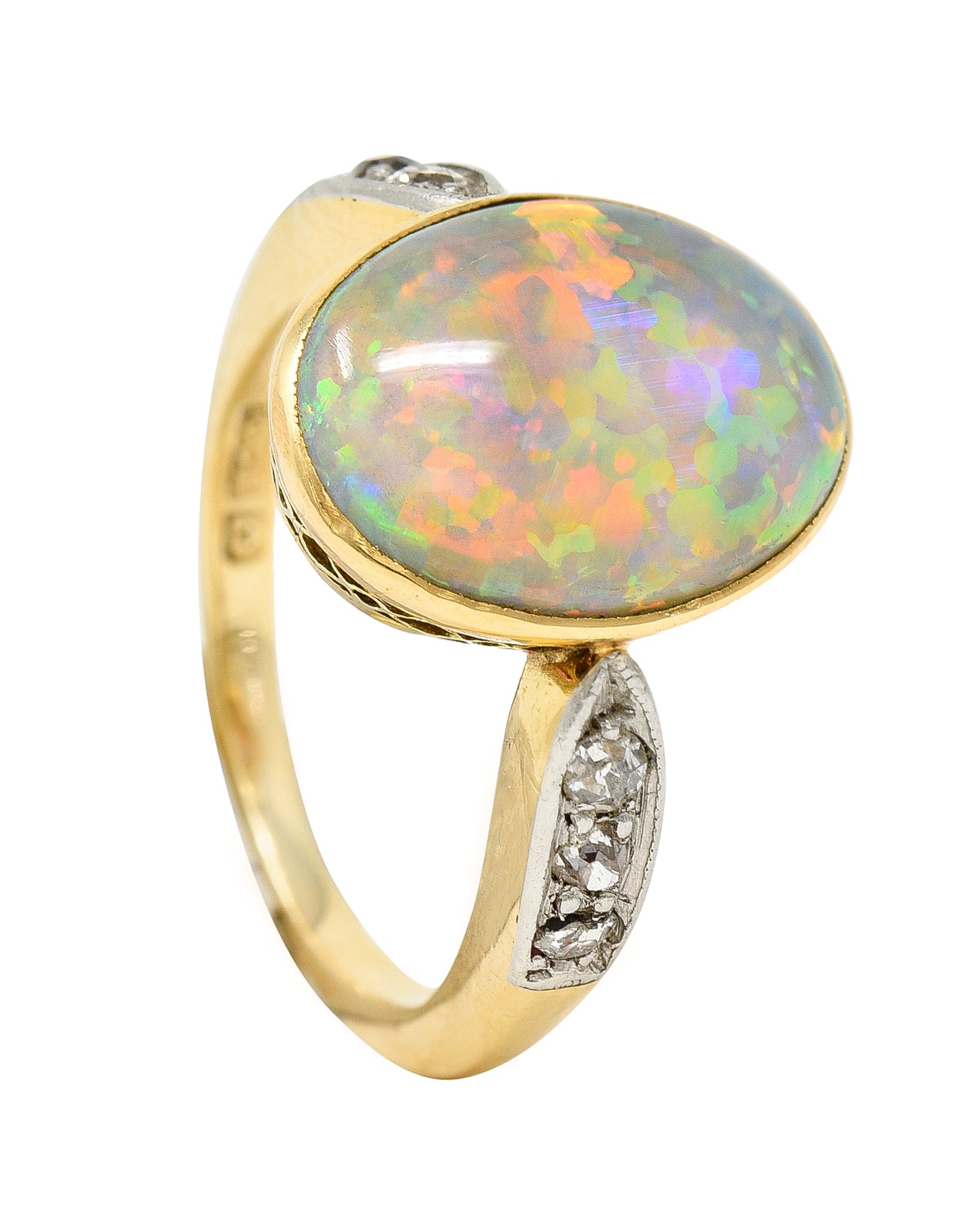 Edwardian Diamond Black Opal Platinum-Topped 18 Karat Yellow Gold Ring Wilson's Estate Jewelry