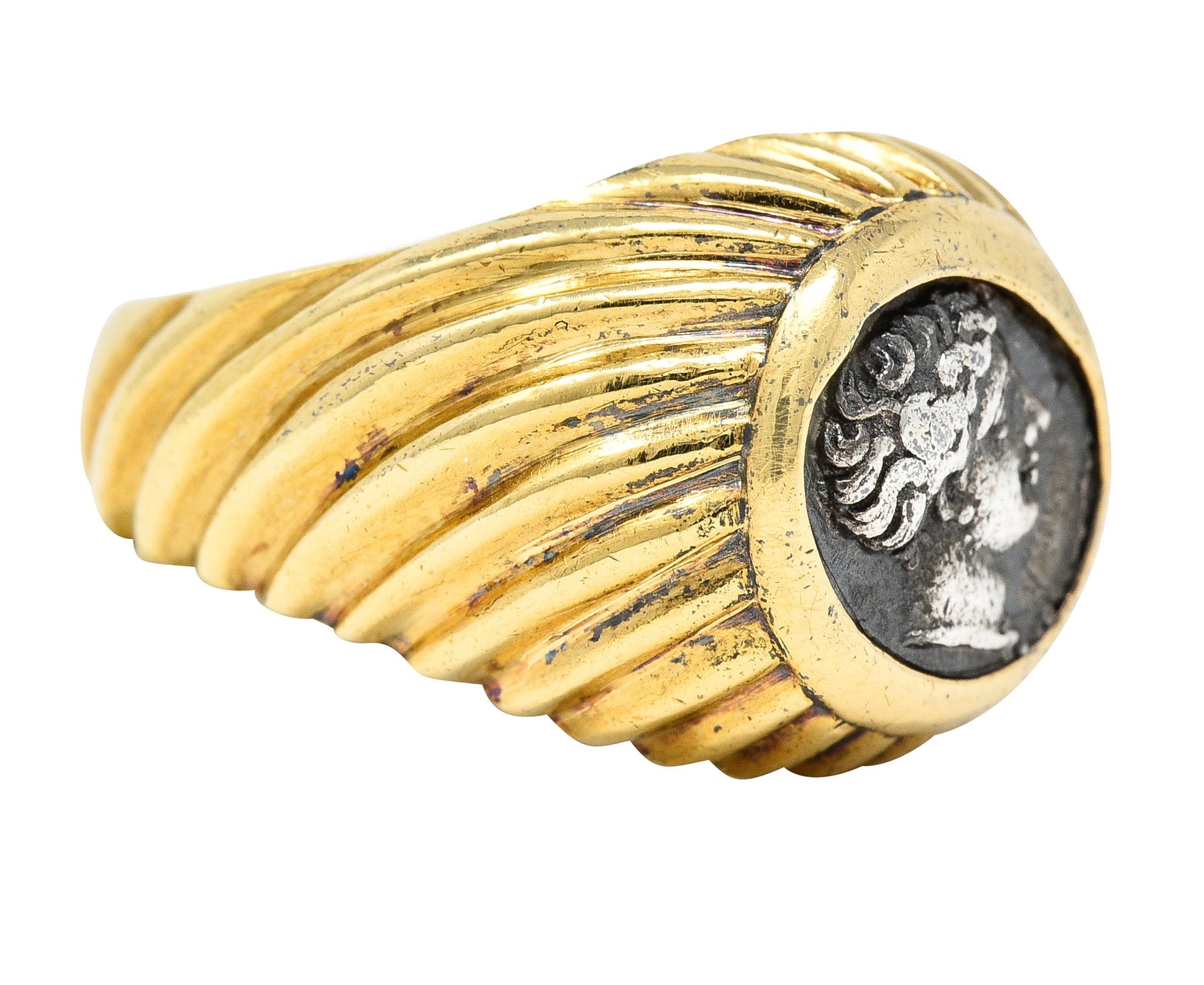 Bulgari 1980's Ancient Coin 18 Karat Yellow Gold Greek Bust Cameo Vintage Signet Ring Wilson's Estate Jewelry