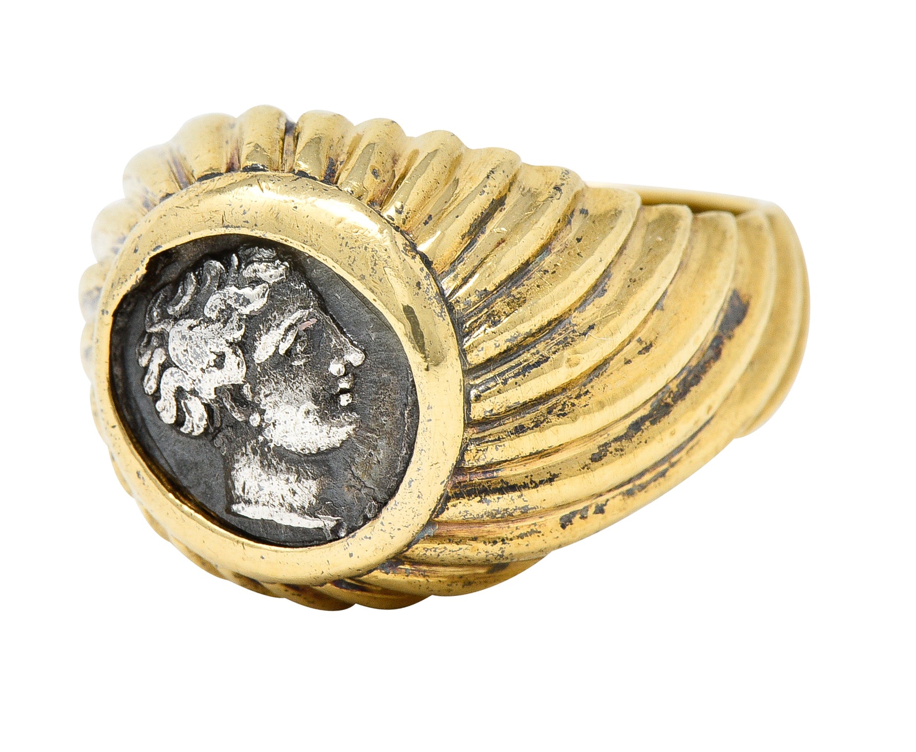 Bulgari 1980's Ancient Coin 18 Karat Yellow Gold Greek Bust Cameo Vintage Signet Ring Wilson's Estate Jewelry