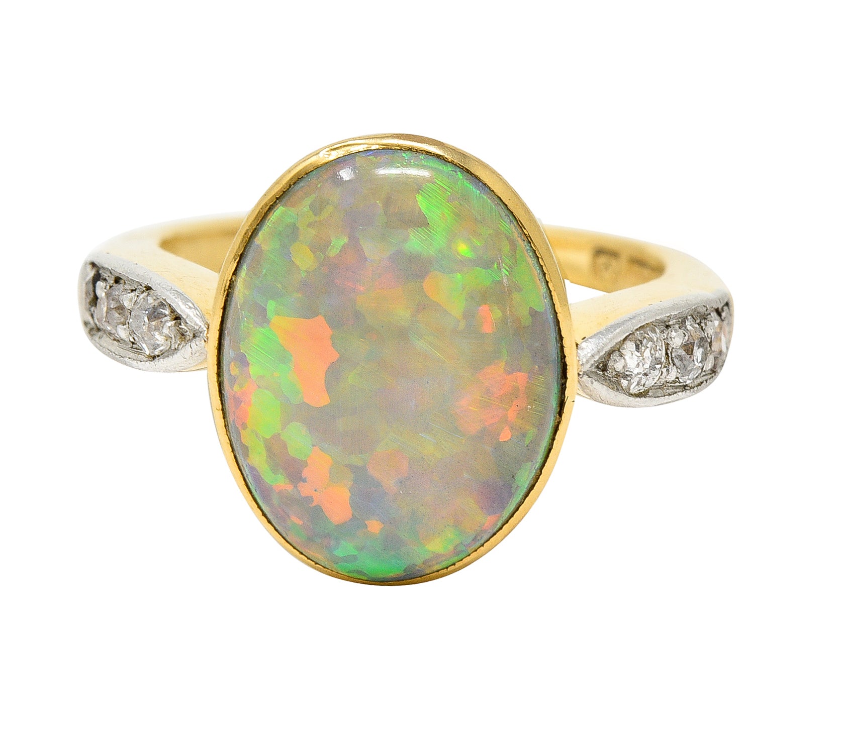 Edwardian Diamond Black Opal Platinum-Topped 18 Karat Yellow Gold Ring Wilson's Estate Jewelry