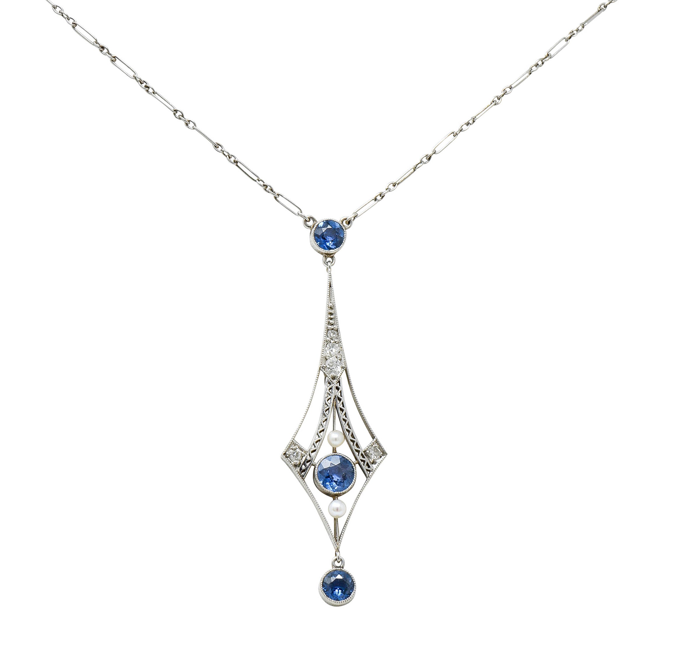 1920's Art Deco Pearl 1.00 CTW Sapphire Diamond Platinum Navette NecklaceNecklace - Wilson's Estate Jewelry