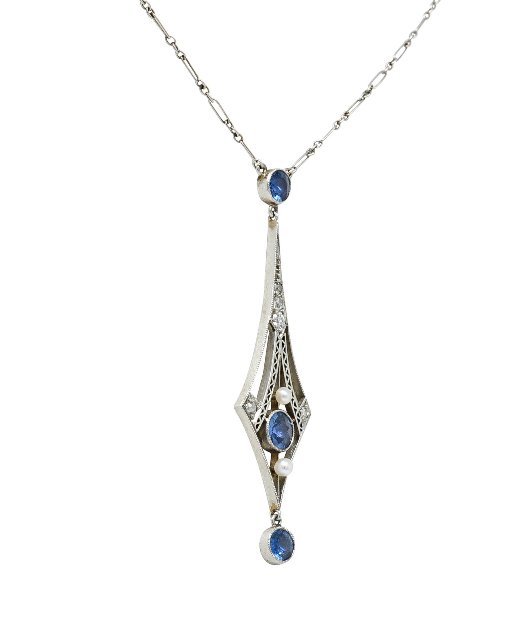 1920's Art Deco Pearl 1.00 CTW Sapphire Diamond Platinum Navette NecklaceNecklace - Wilson's Estate Jewelry