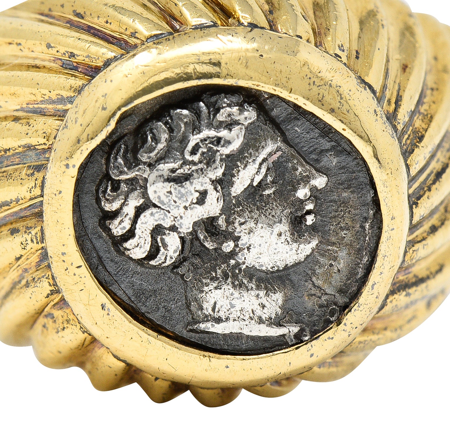 Bulgari 1980's Ancient Coin 18 Karat Yellow Gold Greek Bust Cameo Vintage Signet Ring Wilson's Estate Jewelry