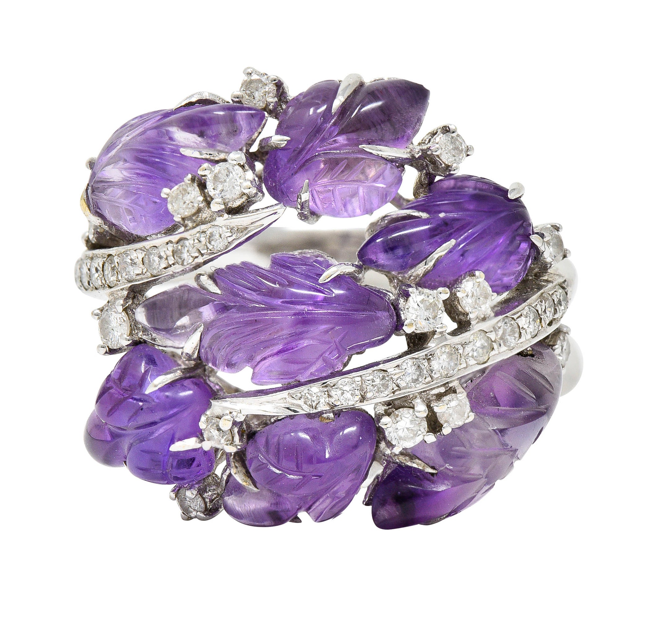 1960's Vintage Amethyst Diamond 18 Karat White Gold Carved Foliate RingRing - Wilson's Estate Jewelry