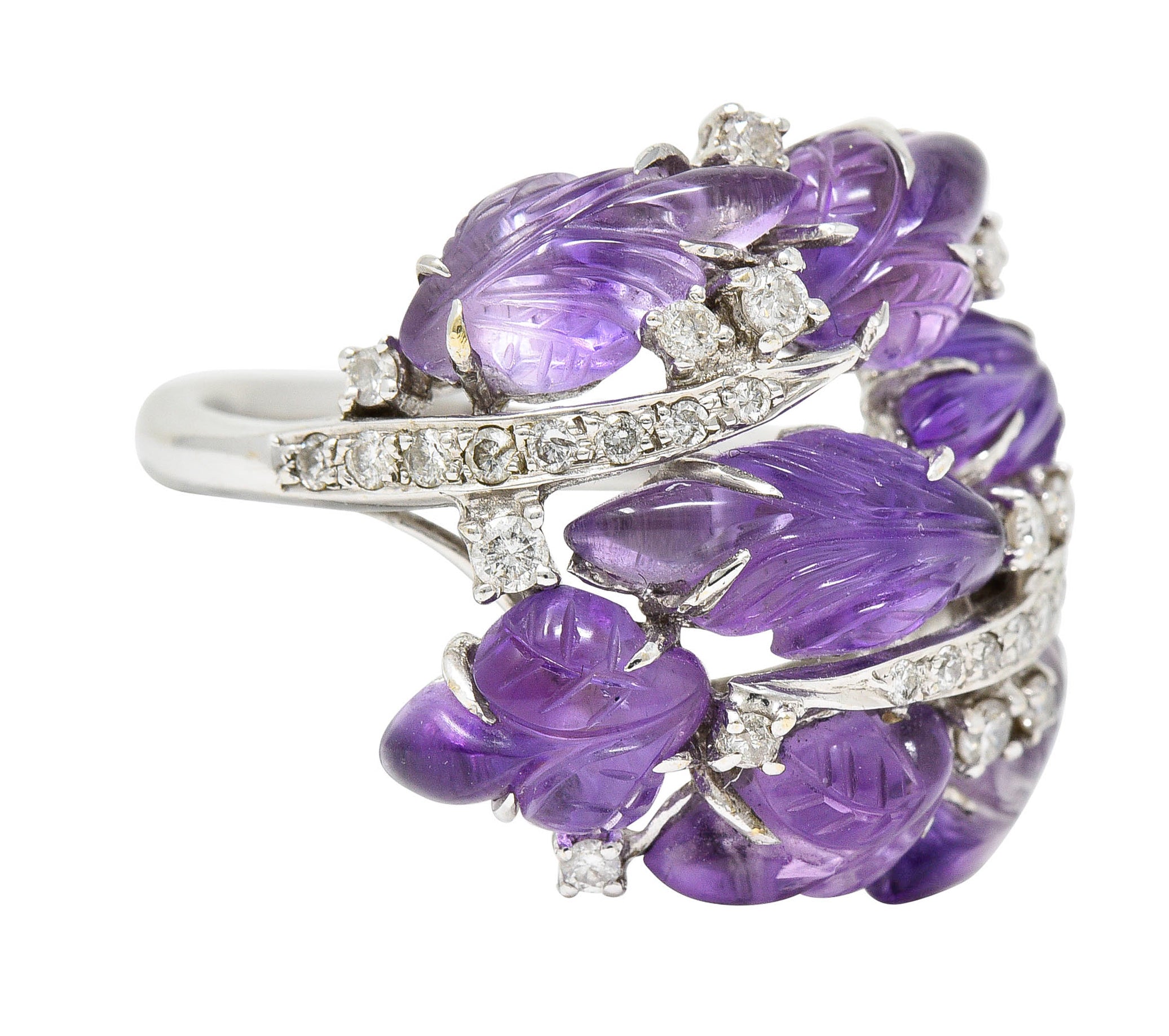 1960's Vintage Amethyst Diamond 18 Karat White Gold Carved Foliate RingRing - Wilson's Estate Jewelry