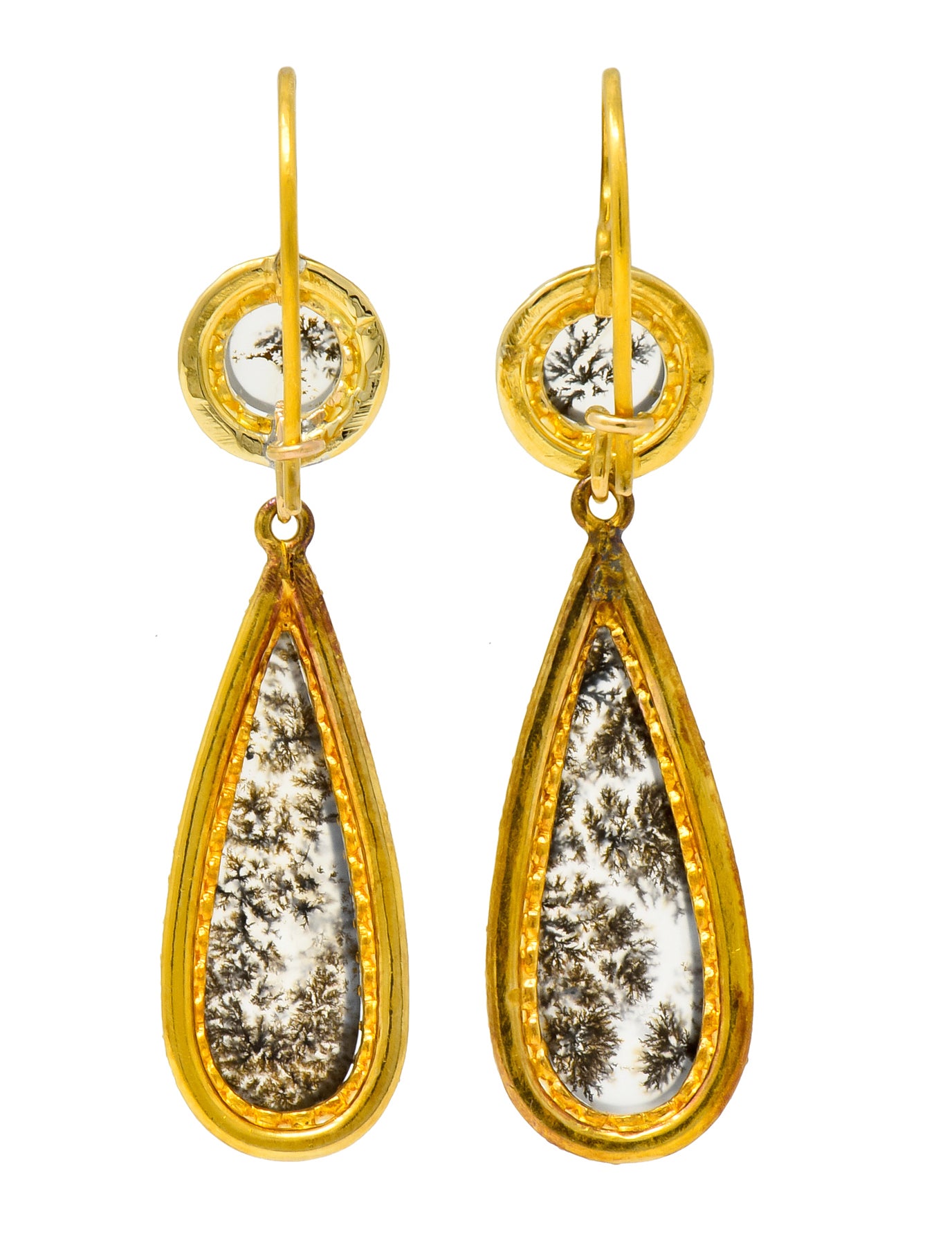 Victorian Dendritic Agate 18 Karat Gold Articulated Day Night Drop Earrings - Wilson's Estate Jewelry