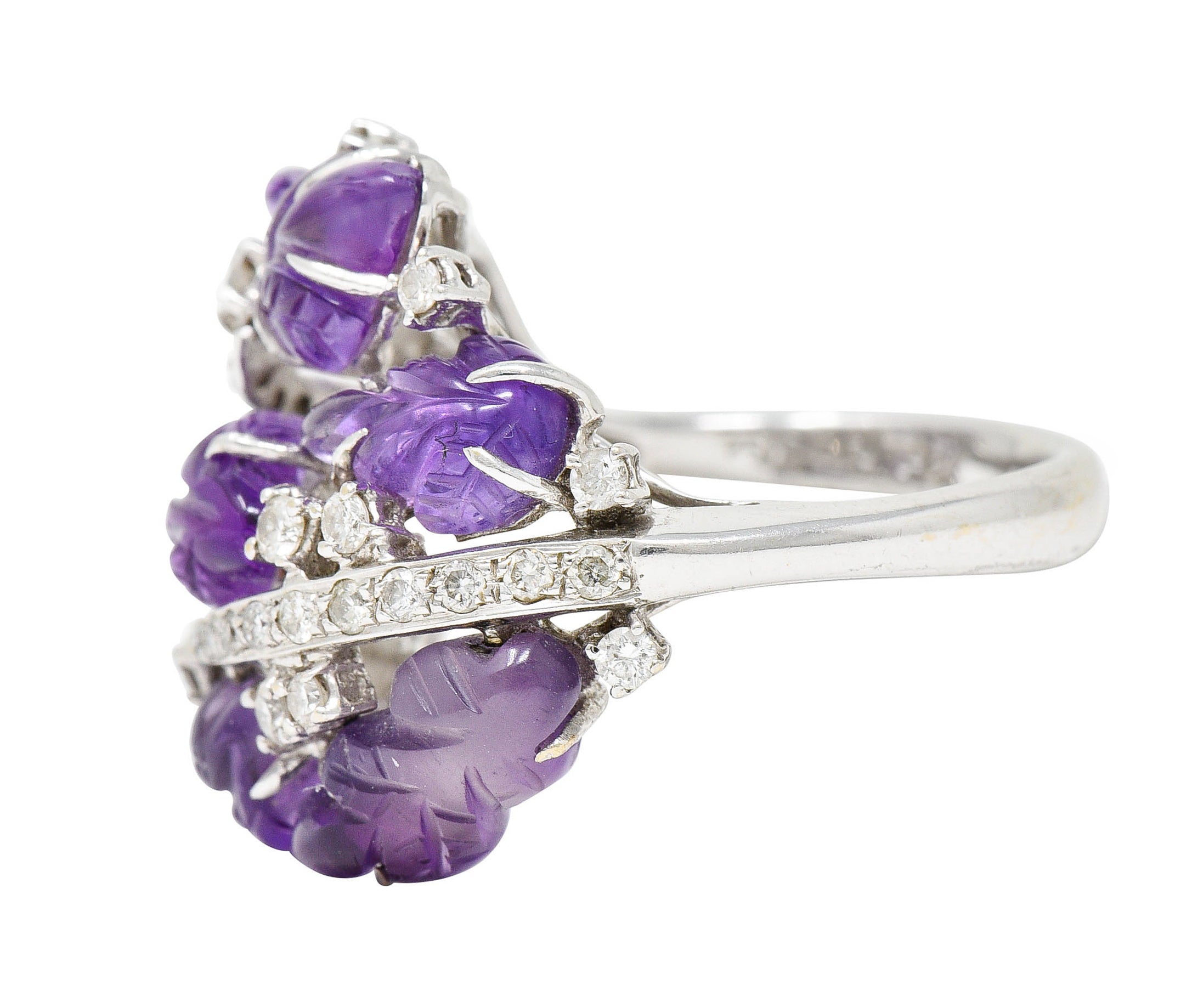 1960's Vintage Amethyst Diamond 18 Karat White Gold Carved Foliate RingRing - Wilson's Estate Jewelry