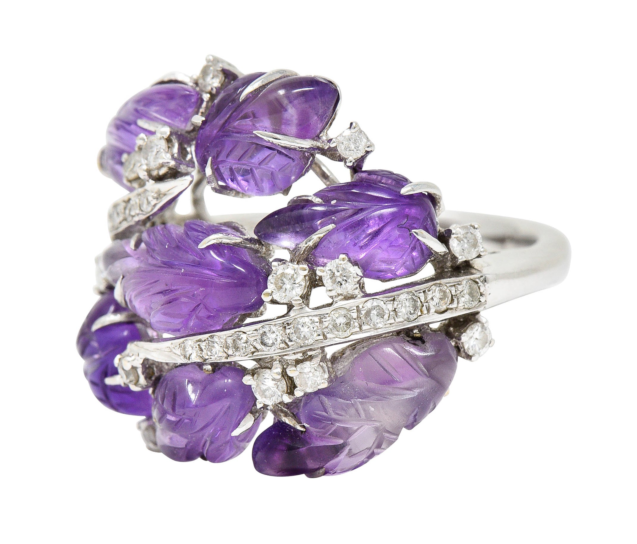 1960's Vintage Amethyst Diamond 18 Karat White Gold Carved Foliate RingRing - Wilson's Estate Jewelry