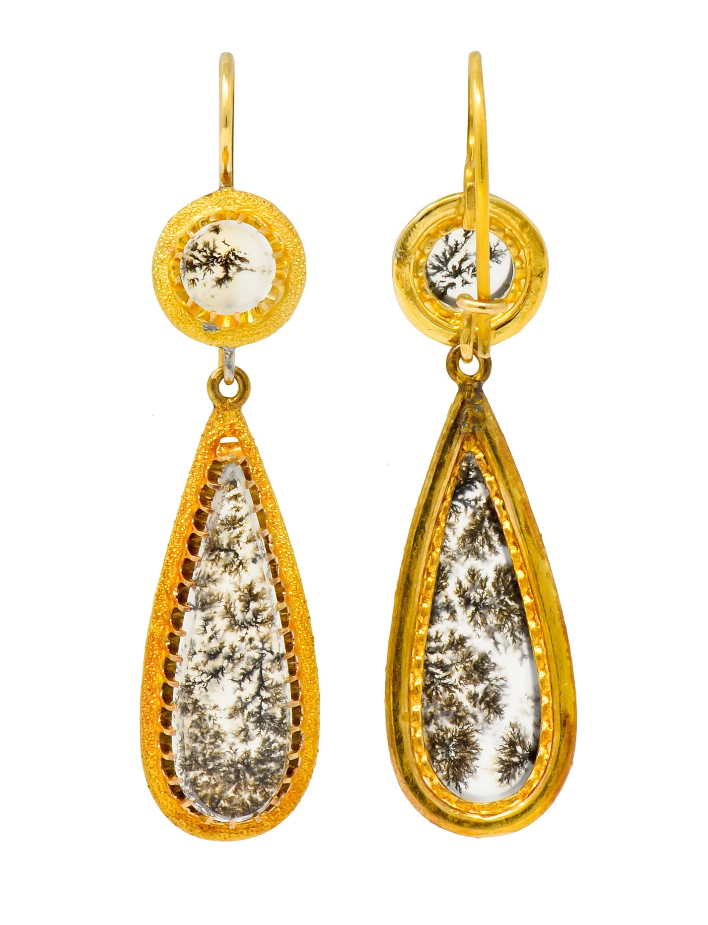 Victorian Dendritic Agate 18 Karat Gold Articulated Day Night Drop Earrings - Wilson's Estate Jewelry