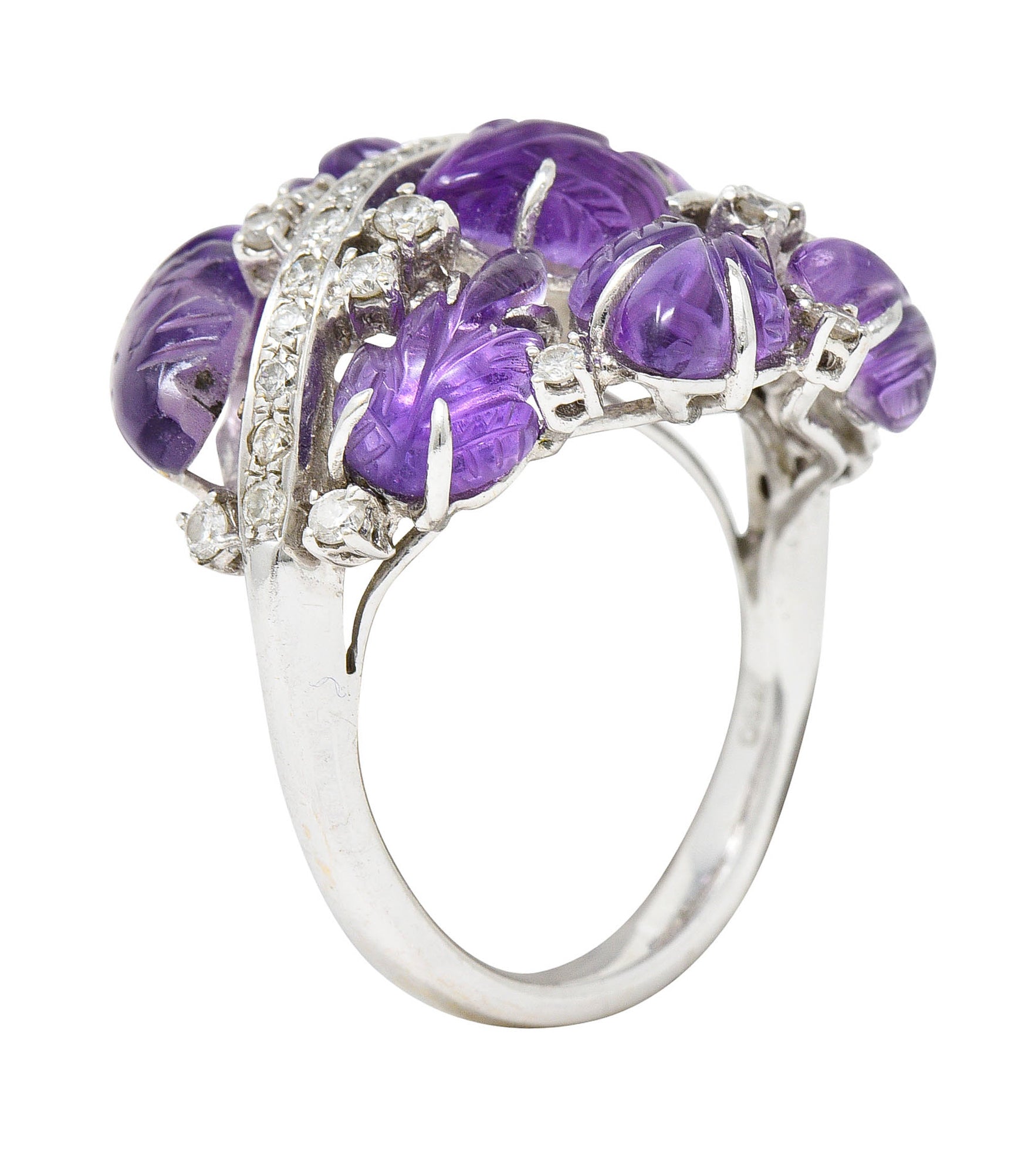 1960's Vintage Amethyst Diamond 18 Karat White Gold Carved Foliate RingRing - Wilson's Estate Jewelry