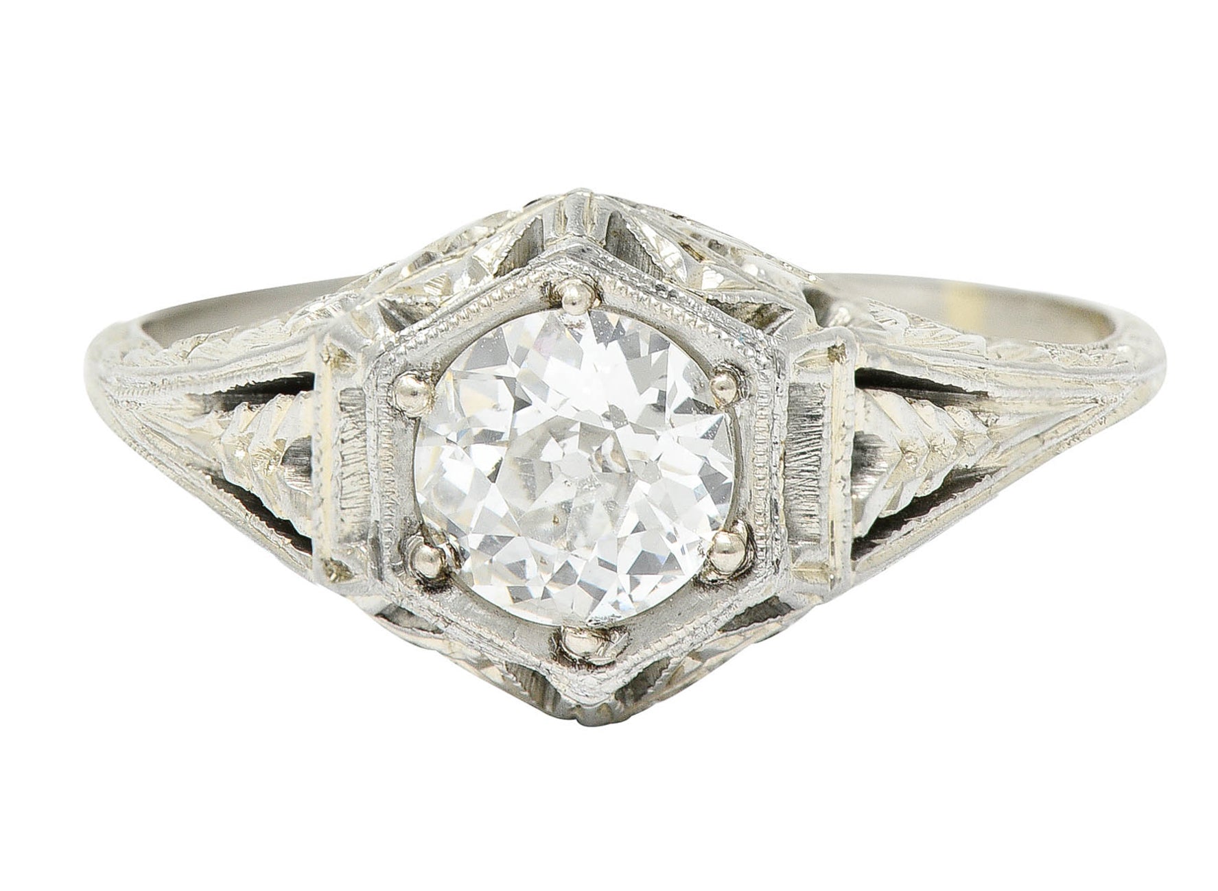 1926 Art Deco 0.76 CTW Diamond 18 Karat White Gold Hexagonal Engagement RingRing - Wilson's Estate Jewelry