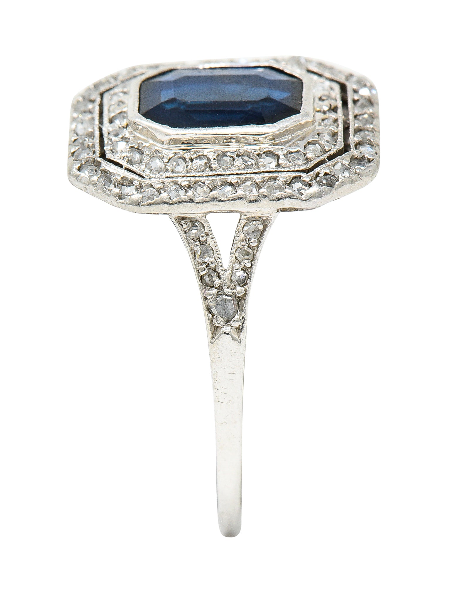 1920's Early Art Deco 1.75 CTW Sapphire Diamond Platinum Double Halo Ring Wilson's Estate Jewelry