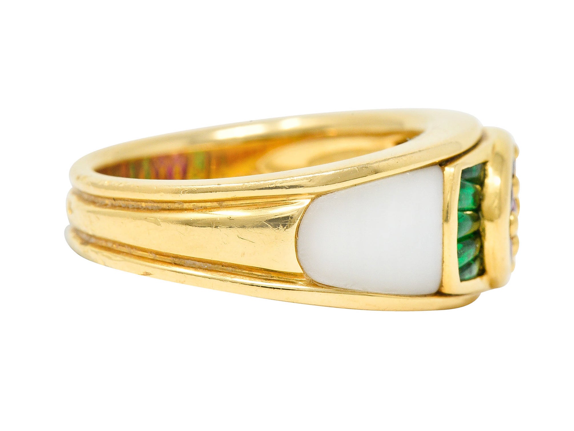 1990s Mauboussin Paris Ruby Emerald Mother-Of-Pearl 18 Karat Gold Band RingRing - Wilson's Estate Jewelry