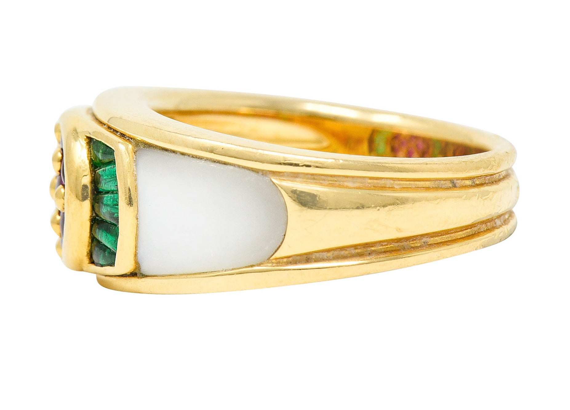 1990s Mauboussin Paris Ruby Emerald Mother-Of-Pearl 18 Karat Gold Band RingRing - Wilson's Estate Jewelry