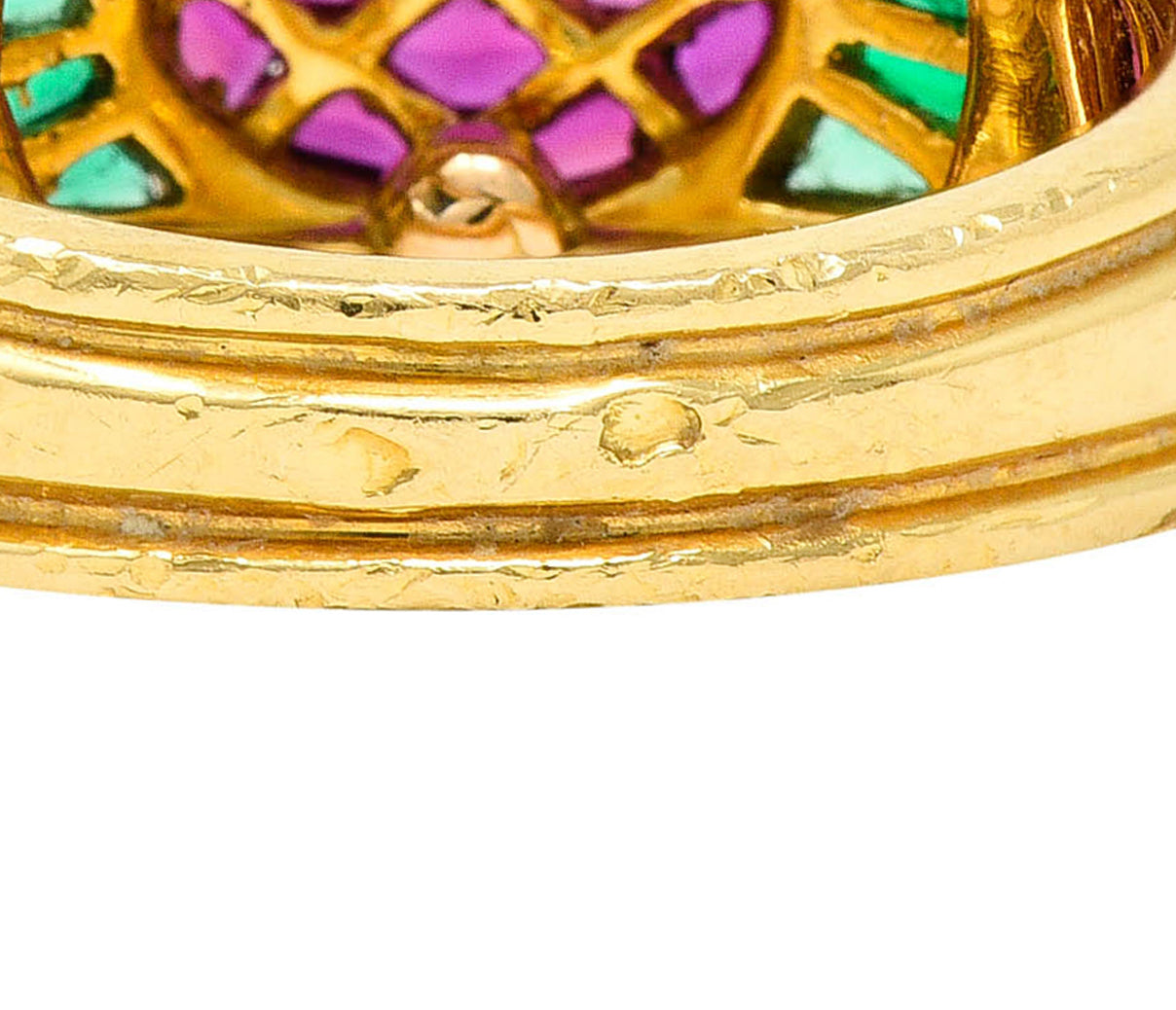 1990s Mauboussin Paris Ruby Emerald Mother-Of-Pearl 18 Karat Gold Band RingRing - Wilson's Estate Jewelry