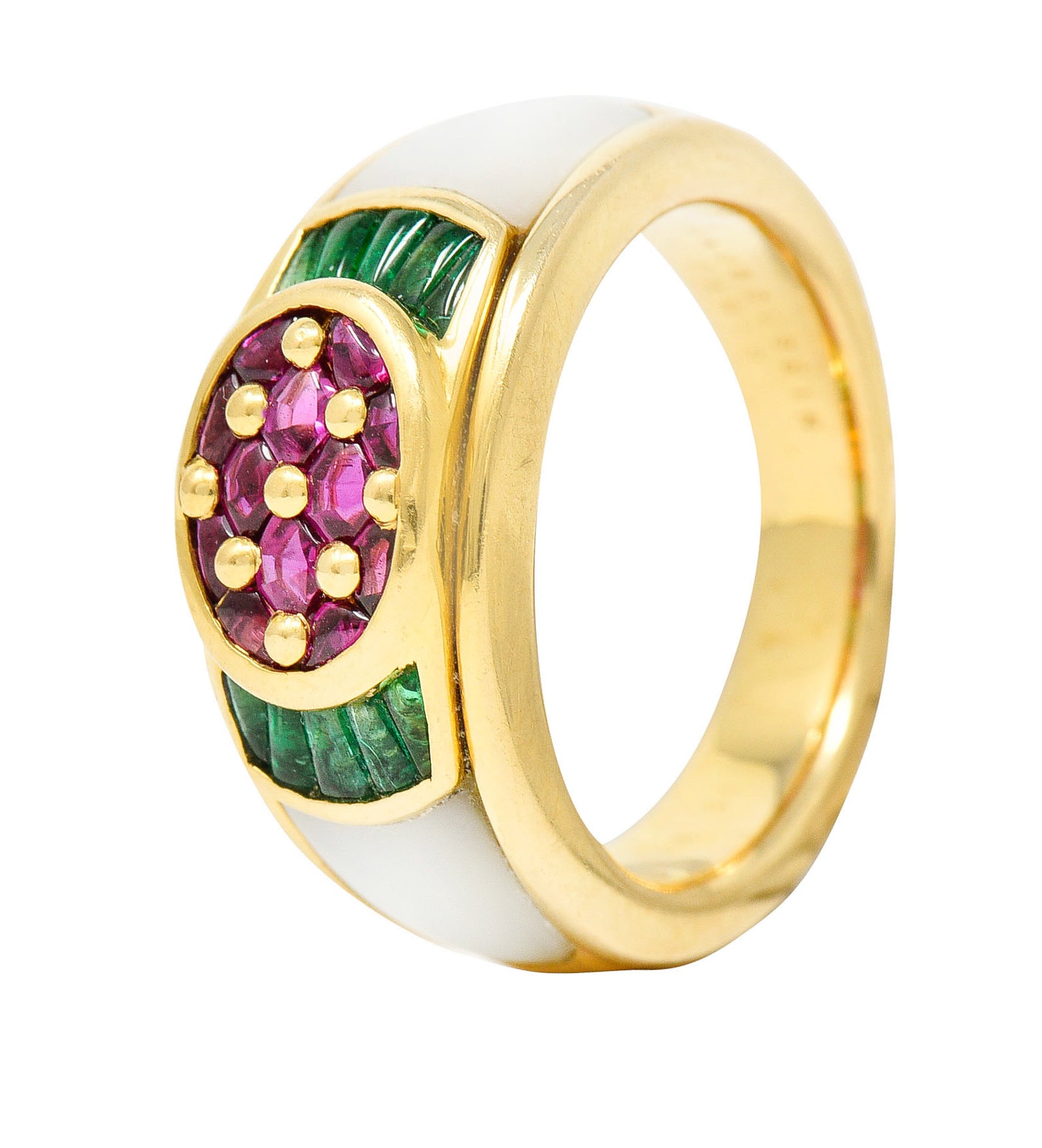 1990s Mauboussin Paris Ruby Emerald Mother-Of-Pearl 18 Karat Gold Band RingRing - Wilson's Estate Jewelry