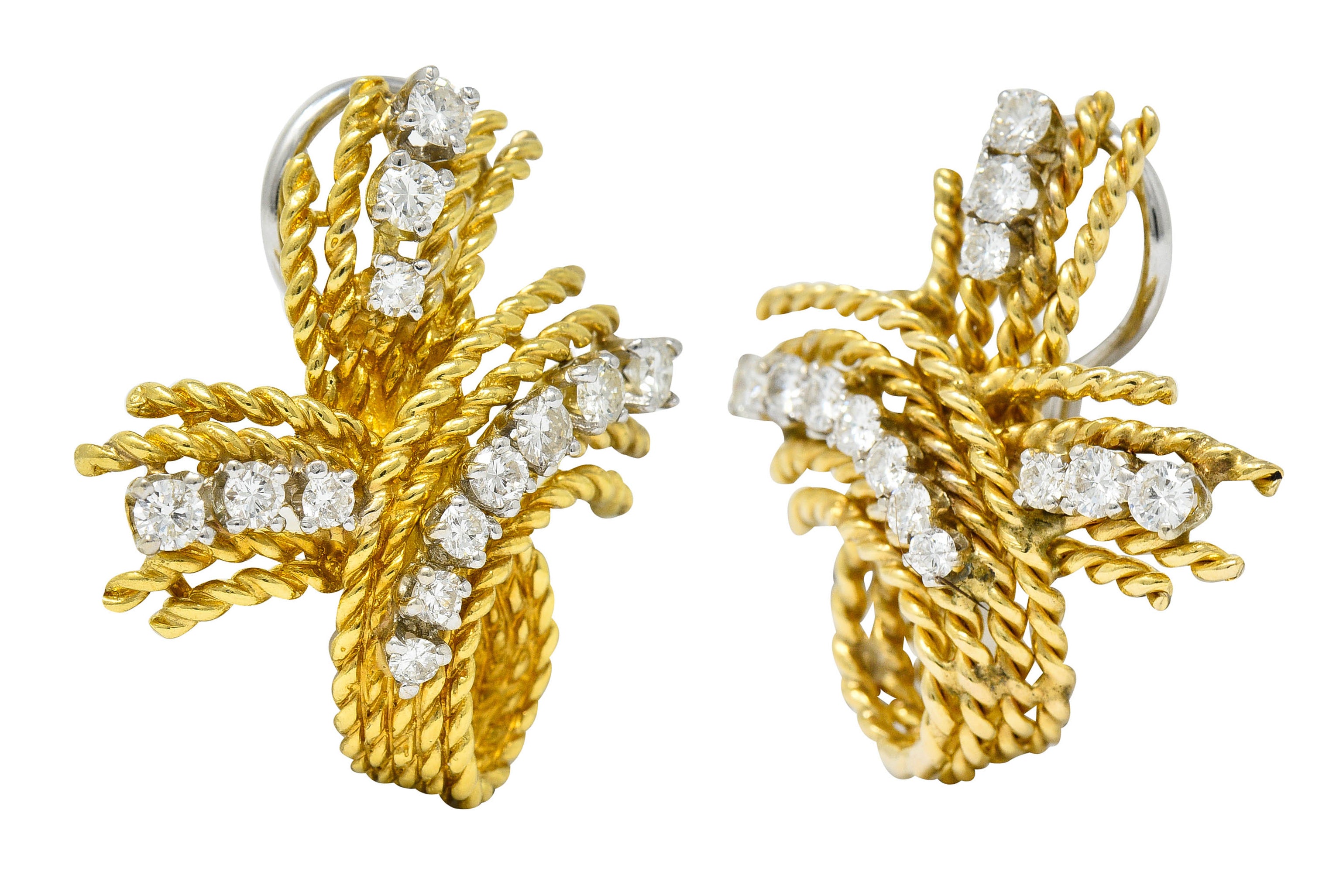 1950's Mid-Century 1.45 CTW Diamond 18 Karat Two-Tone Gold Twisted Rope Ear-Clip EarringsEarrings - Wilson's Estate Jewelry