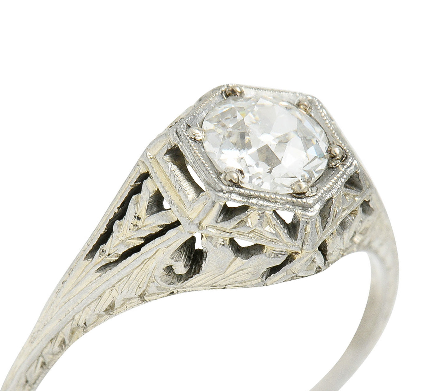 1926 Art Deco 0.76 CTW Diamond 18 Karat White Gold Hexagonal Engagement RingRing - Wilson's Estate Jewelry