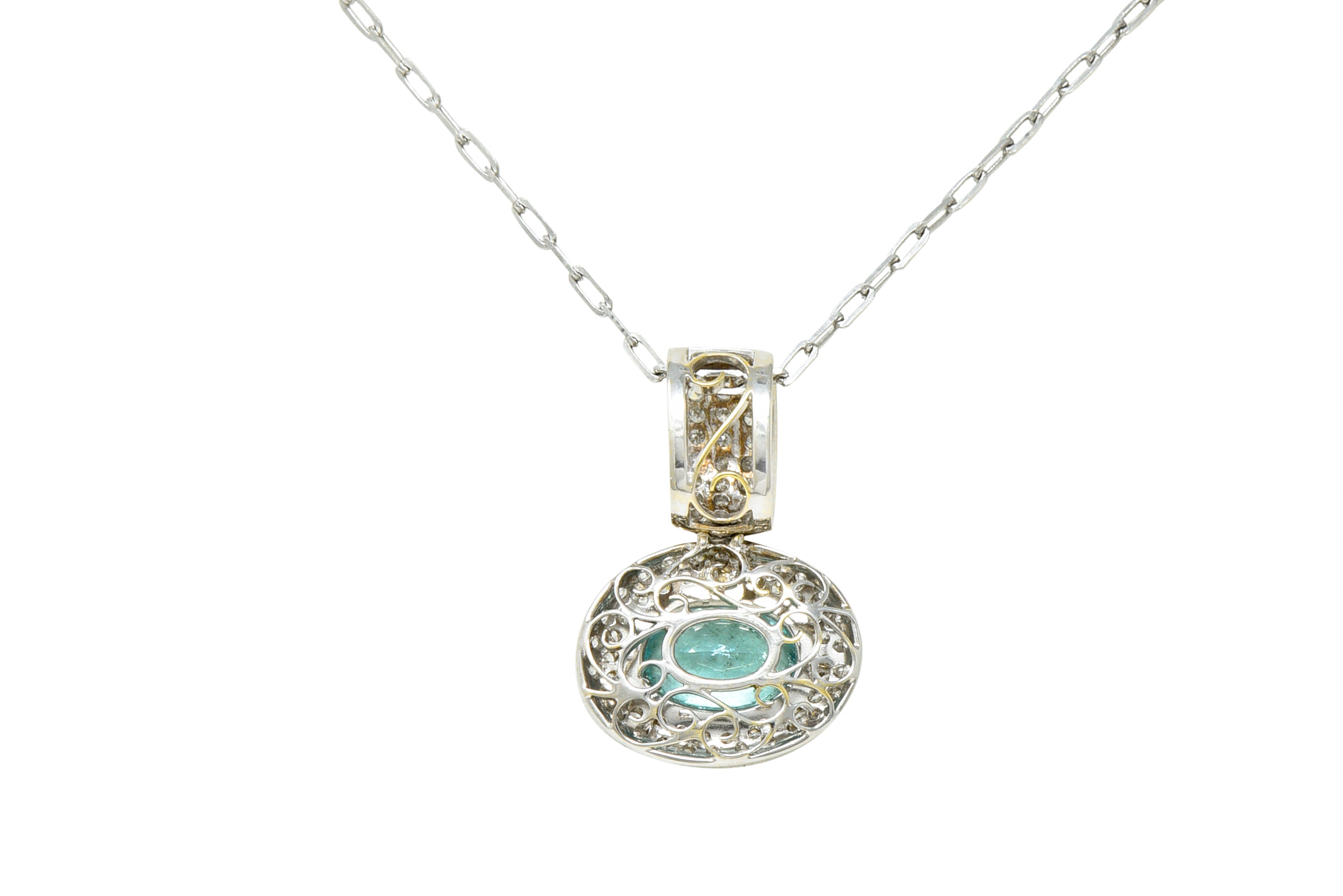 5.50 CTW Paraiba Type Tourmaline Diamond 18 Karat White Gold Contemporary Pendant Necklace GIA Wilson's Estate Jewelry