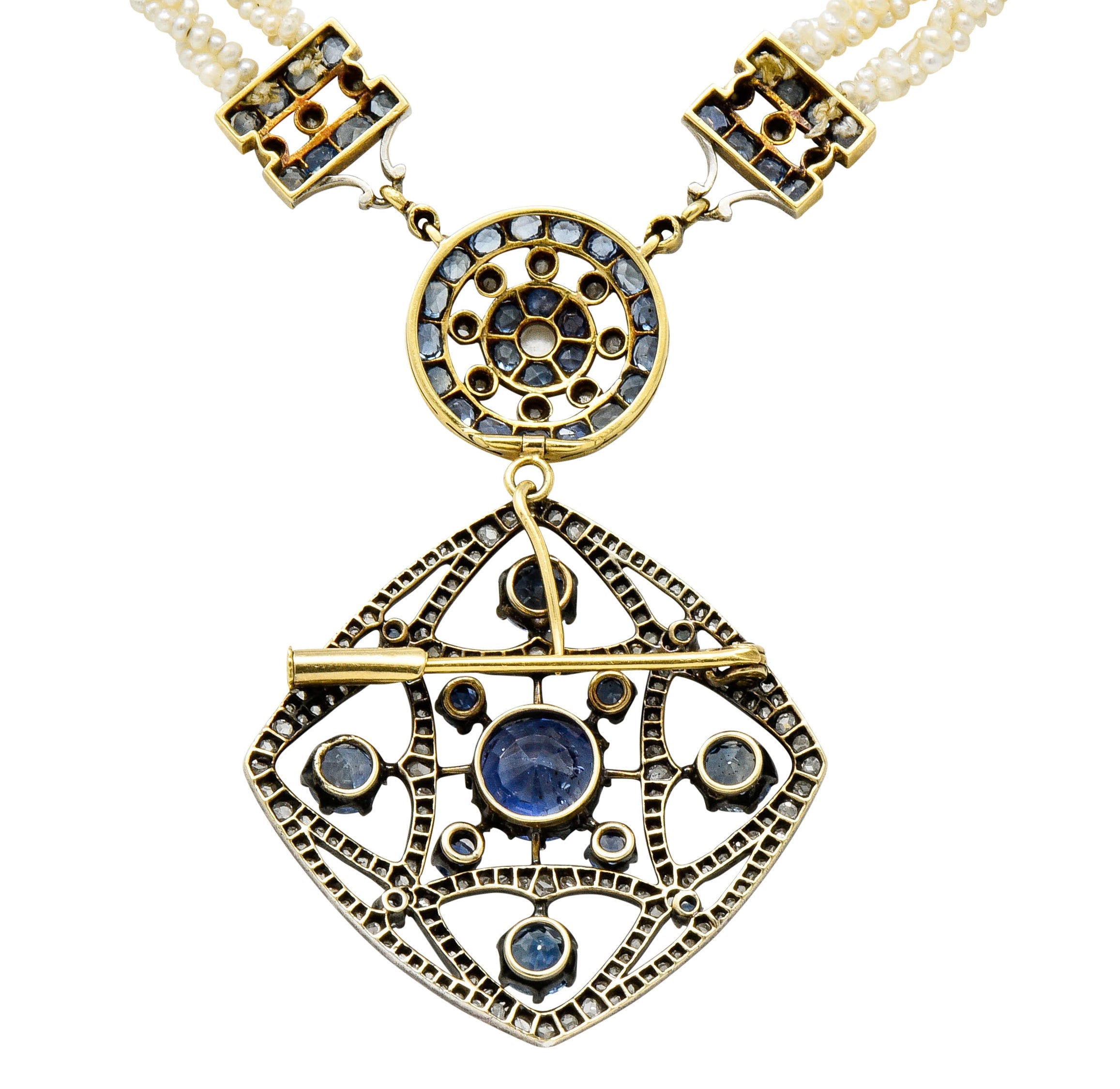 Victorian Sapphire Diamond Pearl Silver-Topped 18 Karat Gold Strand Pendant Sautoir NecklaceNecklace - Wilson's Estate Jewelry