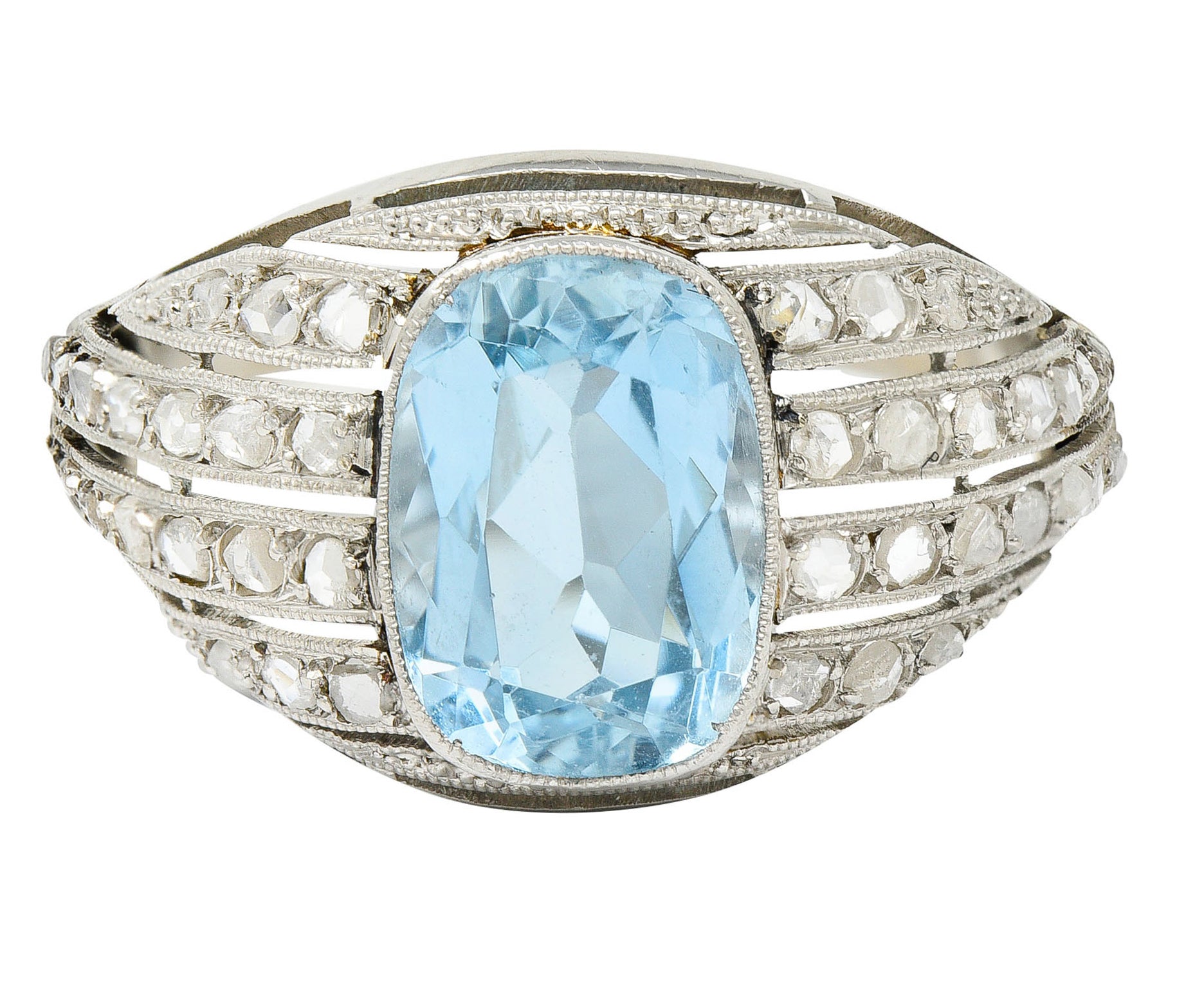 1920's Art Deco Aquamarine Diamond Platinum Bombe Band RingRing - Wilson's Estate Jewelry