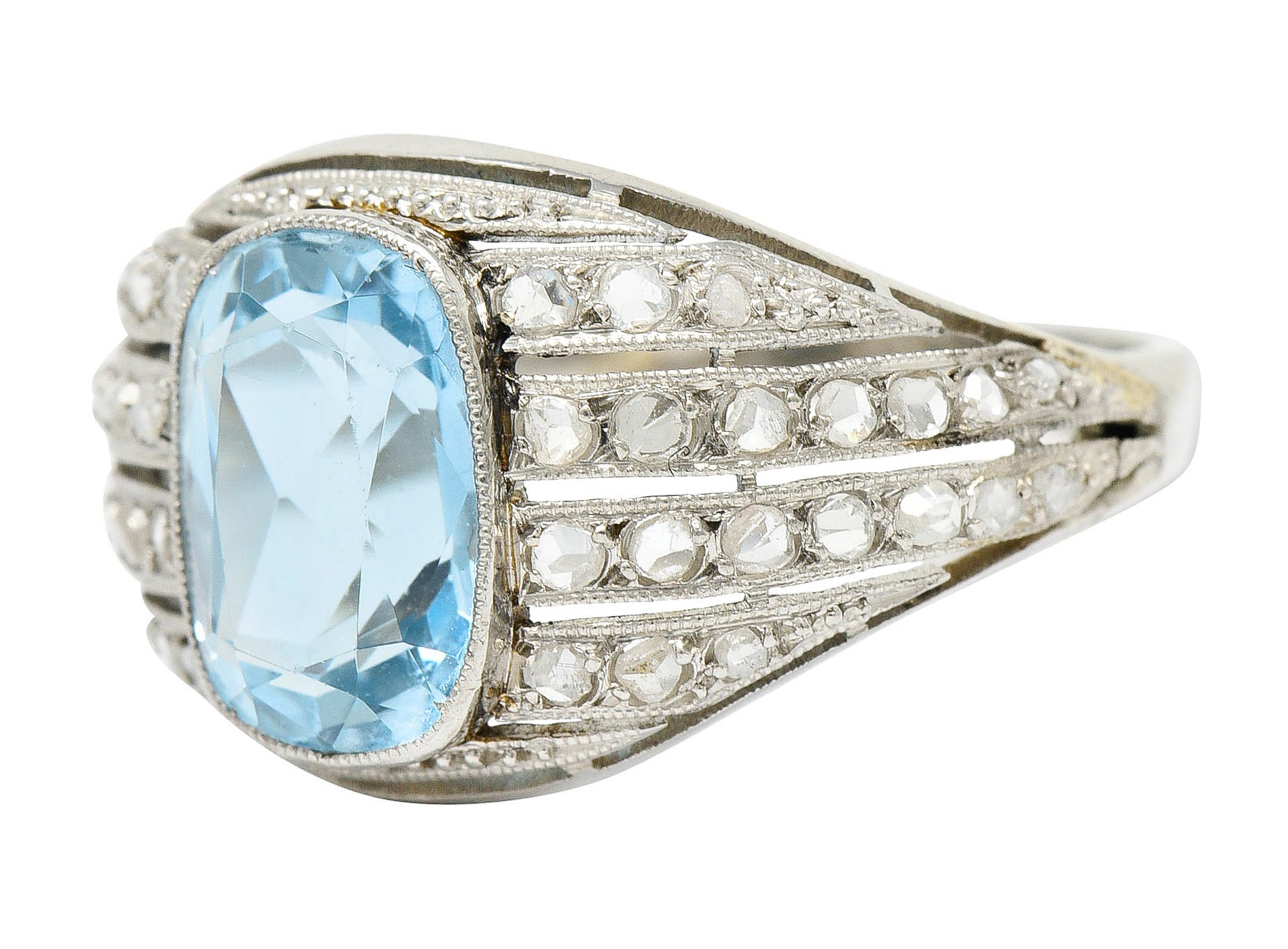 1920's Art Deco Aquamarine Diamond Platinum Bombe Band RingRing - Wilson's Estate Jewelry