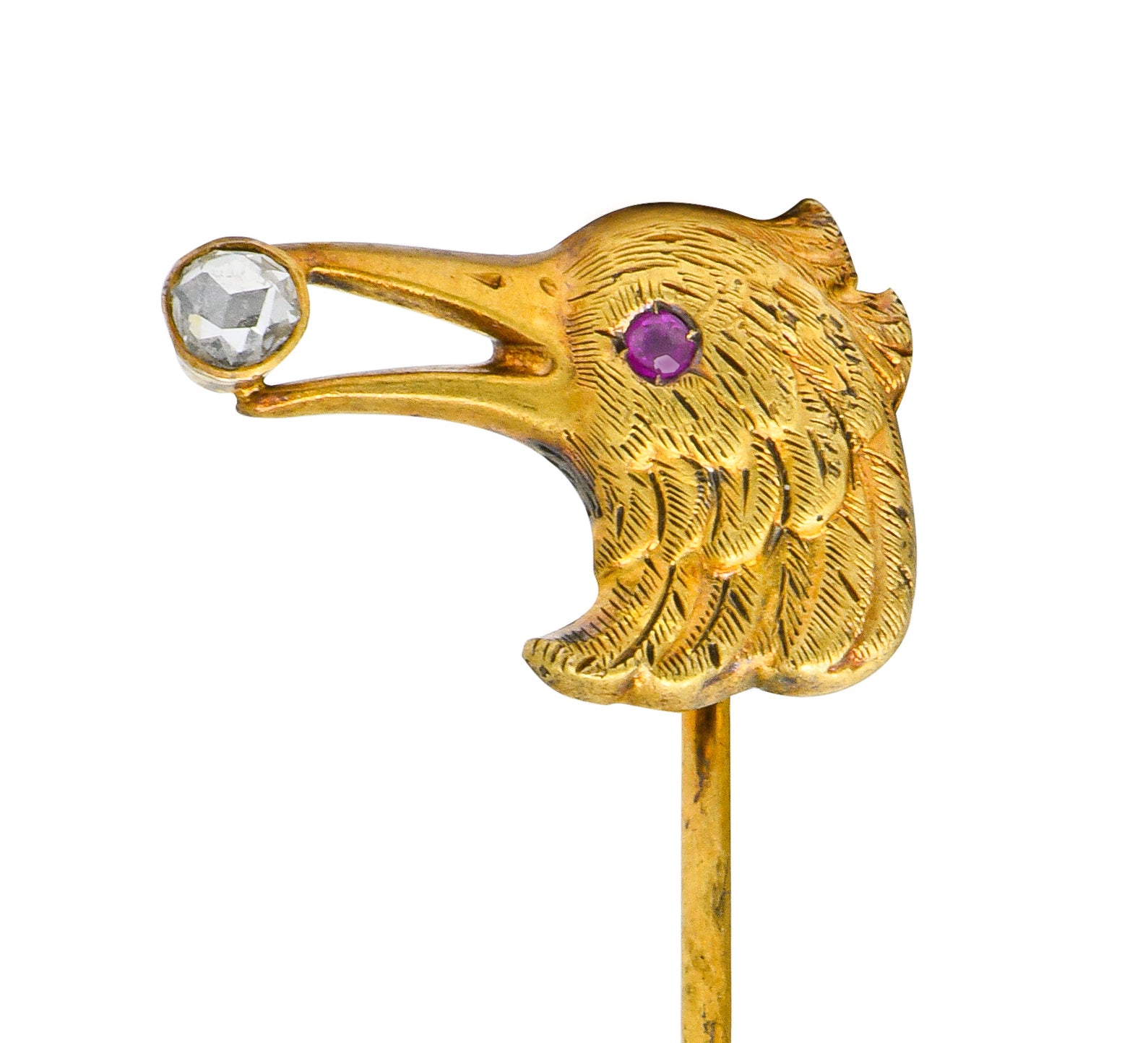 Victorian Rose Cut Diamond Ruby 18 Karat Gold Crow Bird Stickpin - Wilson's Estate Jewelry