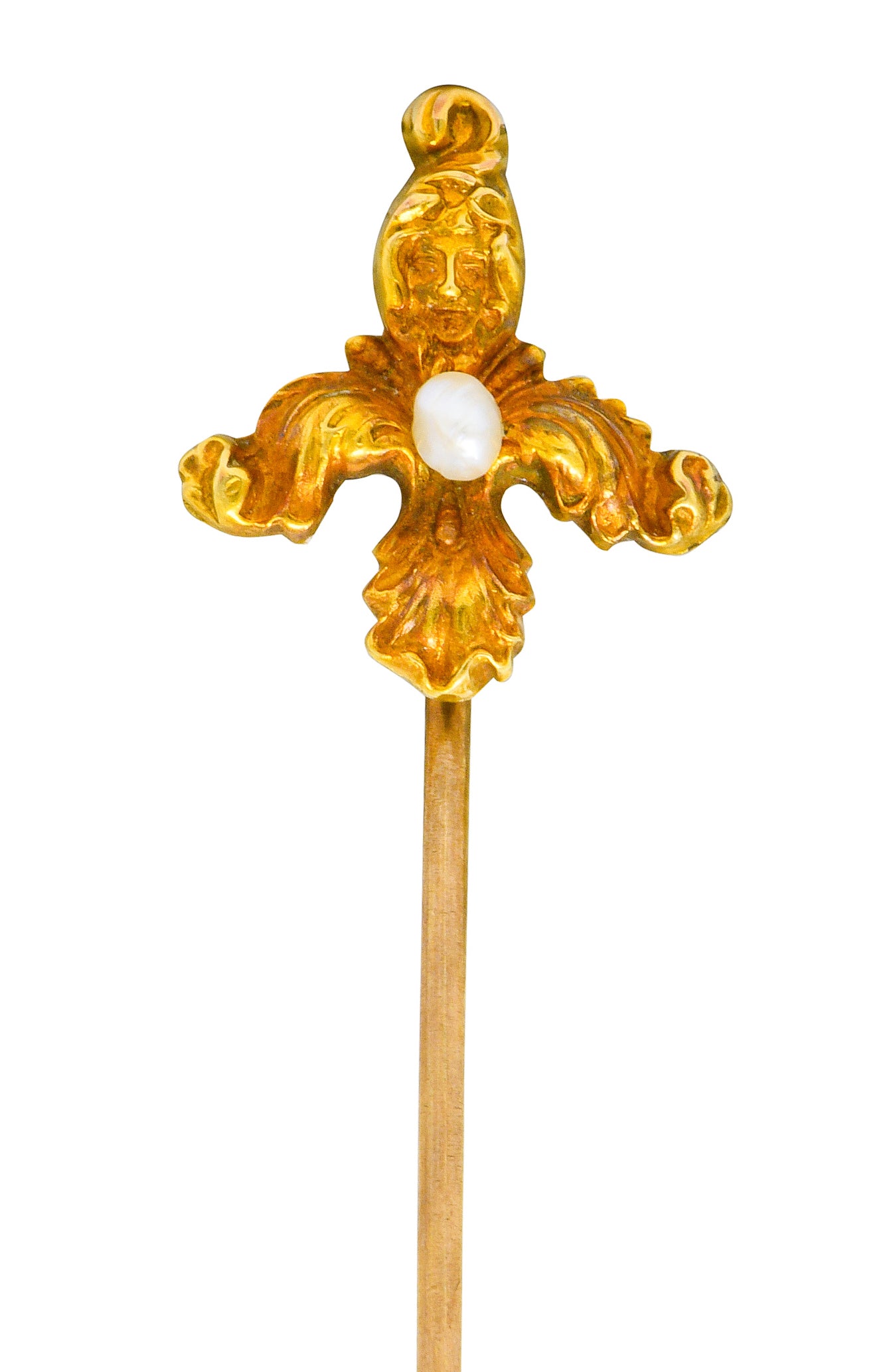 Art Nouveau Natural Freshwater Pearl 14 Karat Gold Scrolled Foliate Green Man Stickpin - Wilson's Estate Jewelry