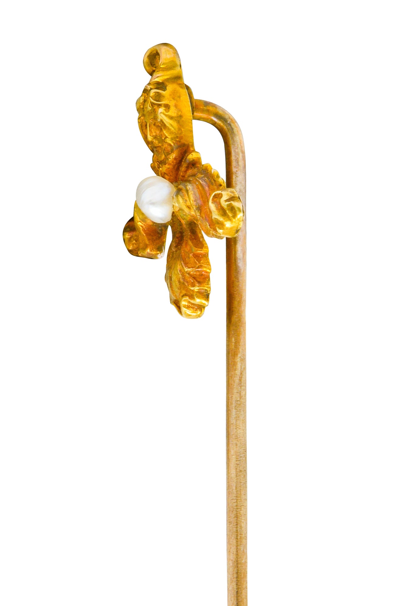 Art Nouveau Natural Freshwater Pearl 14 Karat Gold Scrolled Foliate Green Man Stickpin - Wilson's Estate Jewelry