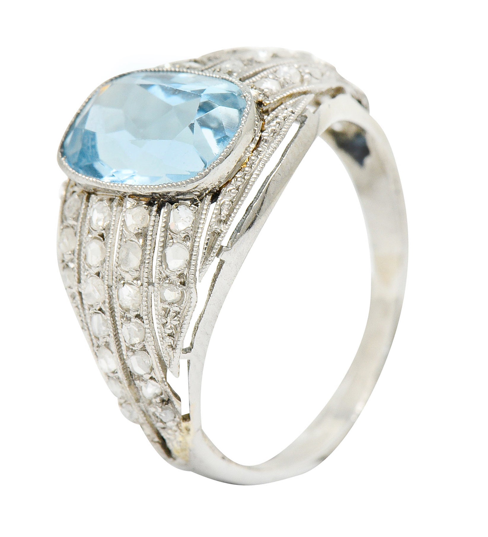 1920's Art Deco Aquamarine Diamond Platinum Bombe Band RingRing - Wilson's Estate Jewelry