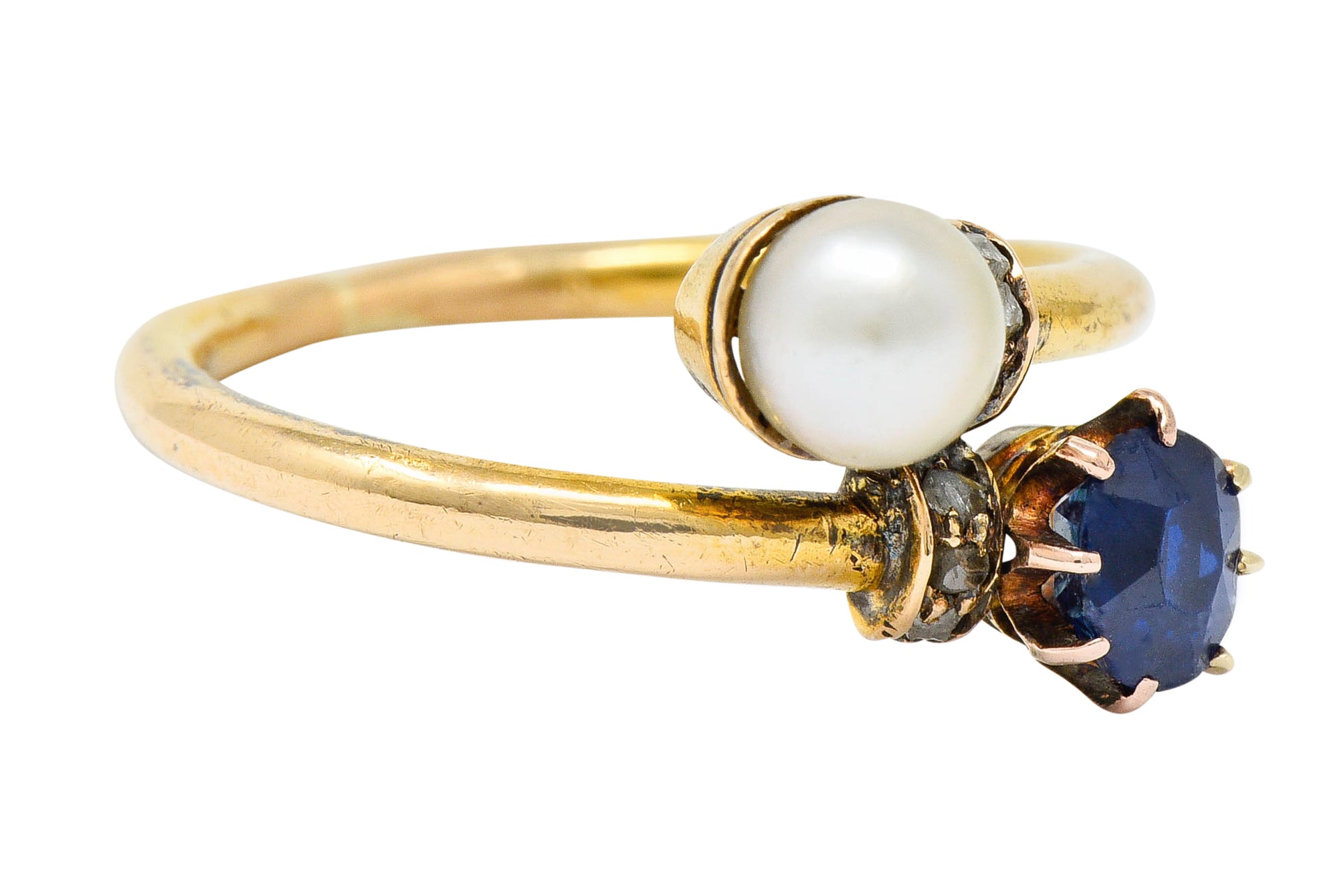 Victorian Sapphire Pearl Diamond 18 Karat Gold Bypass RingRing - Wilson's Estate Jewelry