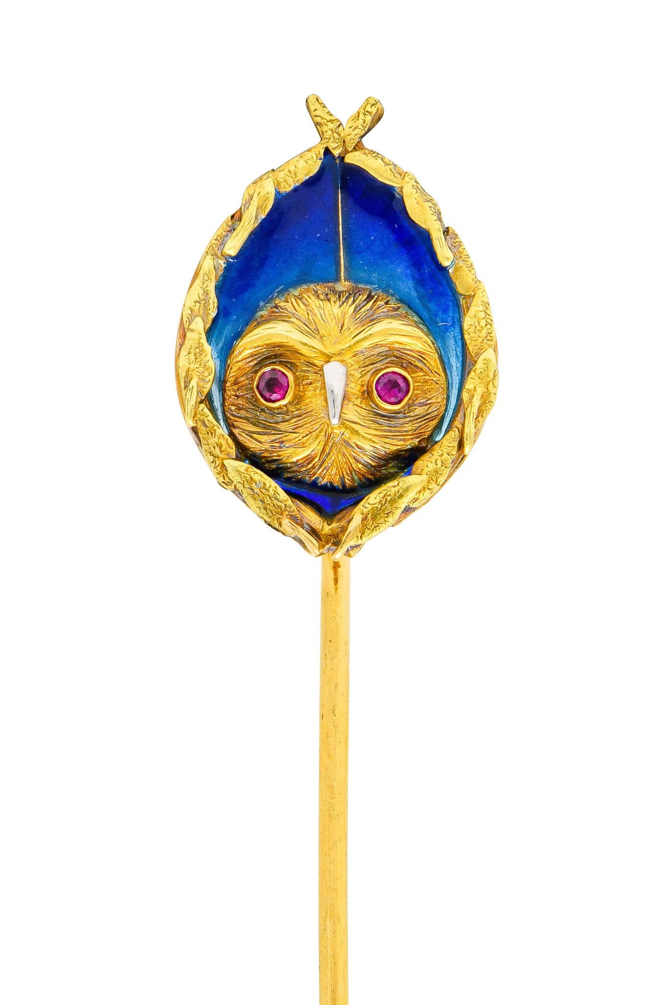 Arts & Crafts Plique-à-Jour Enamel Ruby 18 Karat Gold Foliate Owl Stickpin - Wilson's Estate Jewelry