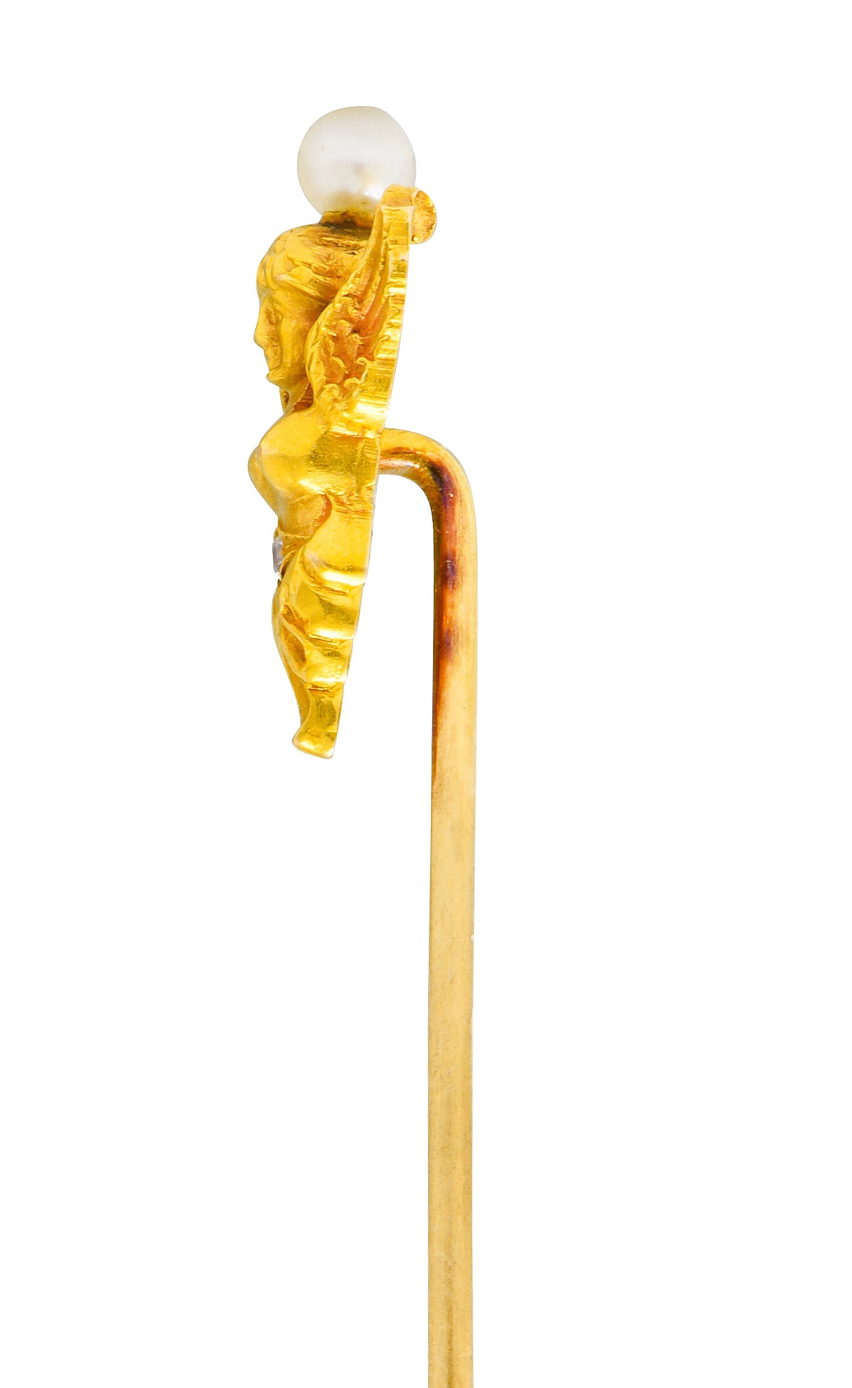 H.A. Kirby Art Nouveau Pearl Diamond 14 Karat Gold Angel Stickpin - Wilson's Estate Jewelry