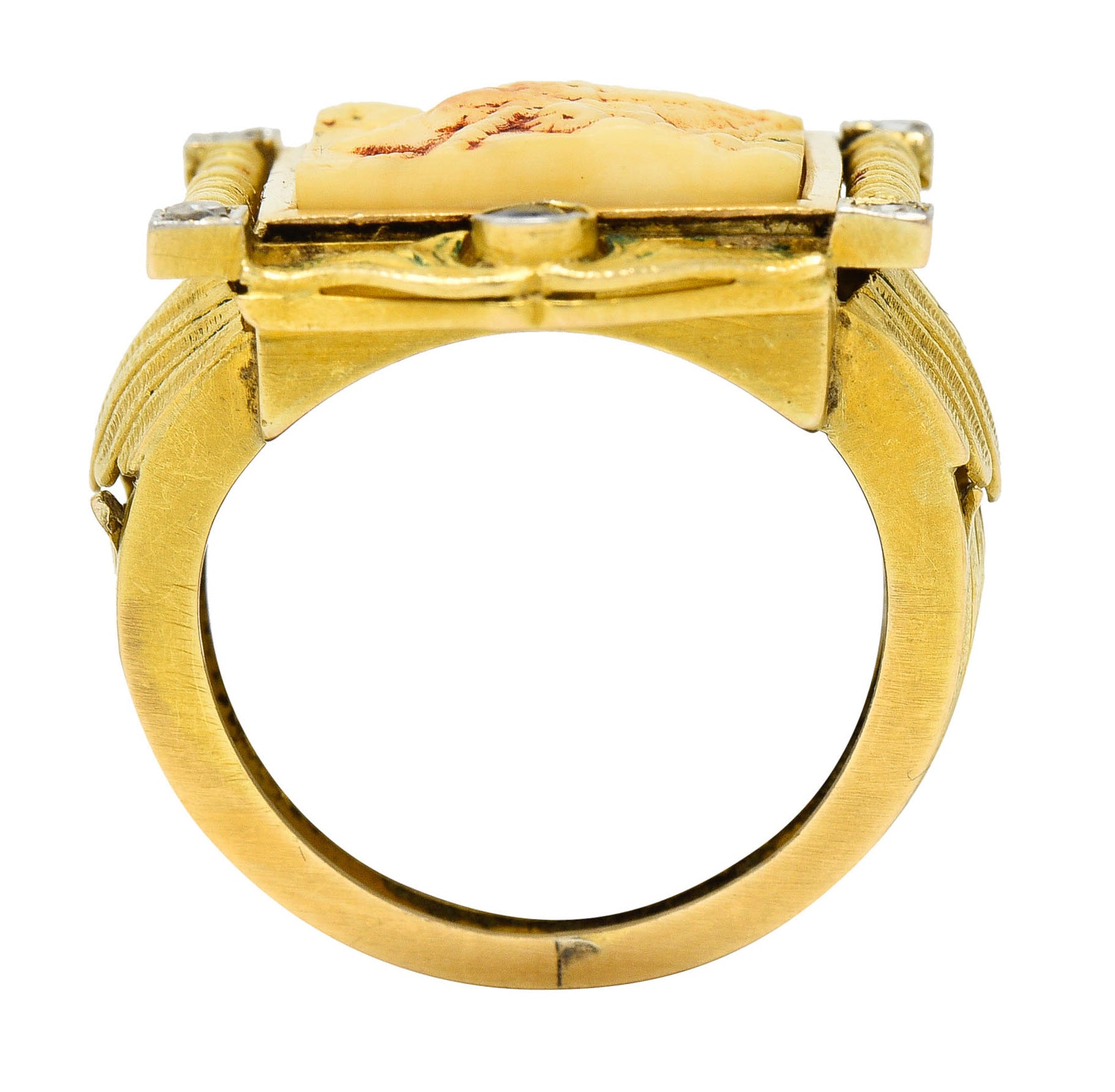 Hindu Sapphire Diamond Carved Bone 22 Karat Gold Lakshmi Goddess RingRing - Wilson's Estate Jewelry