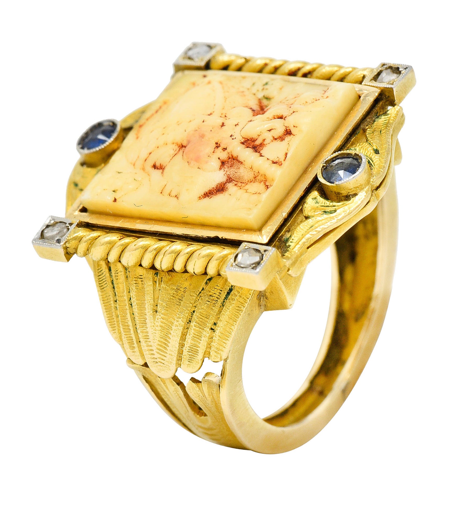 Hindu Sapphire Diamond Carved Bone 22 Karat Gold Lakshmi Goddess RingRing - Wilson's Estate Jewelry