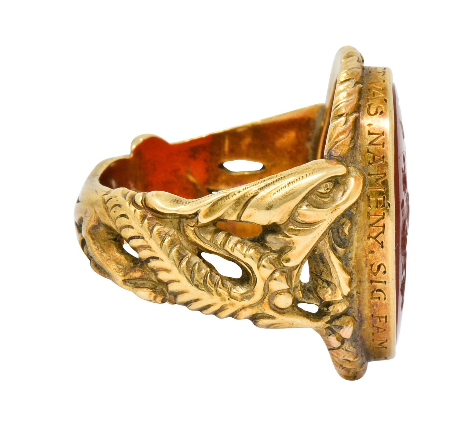 Victorian Carnelian Intaglio 14 Karat Gold Heraldry Men's Dragon Signet Ring - Wilson's Estate Jewelry