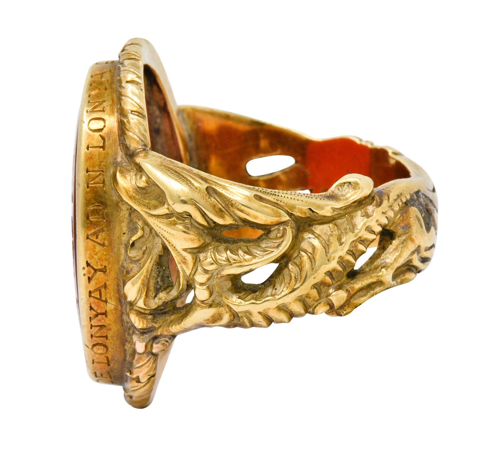 Victorian Carnelian Intaglio 14 Karat Gold Heraldry Men's Dragon Signet Ring - Wilson's Estate Jewelry