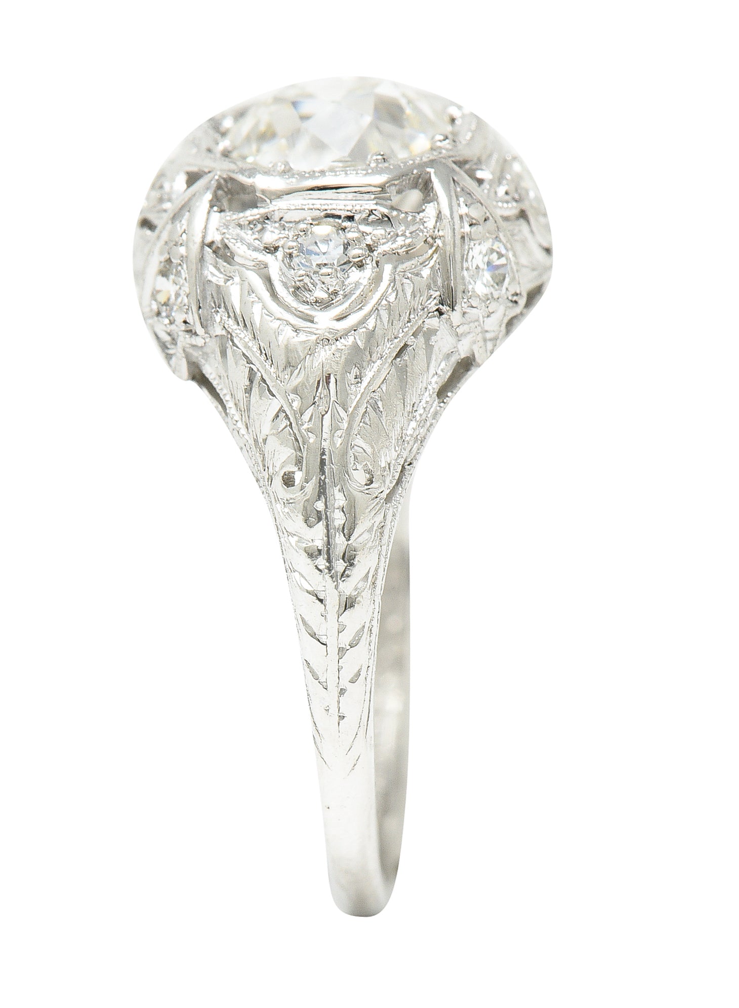 Katz & Ogush Inc. Art Deco 1.15 CTW Old European Cut Diamond Platinum Engraved Foliate Bombé Engagement Ring Wilson's Estate Jewelry