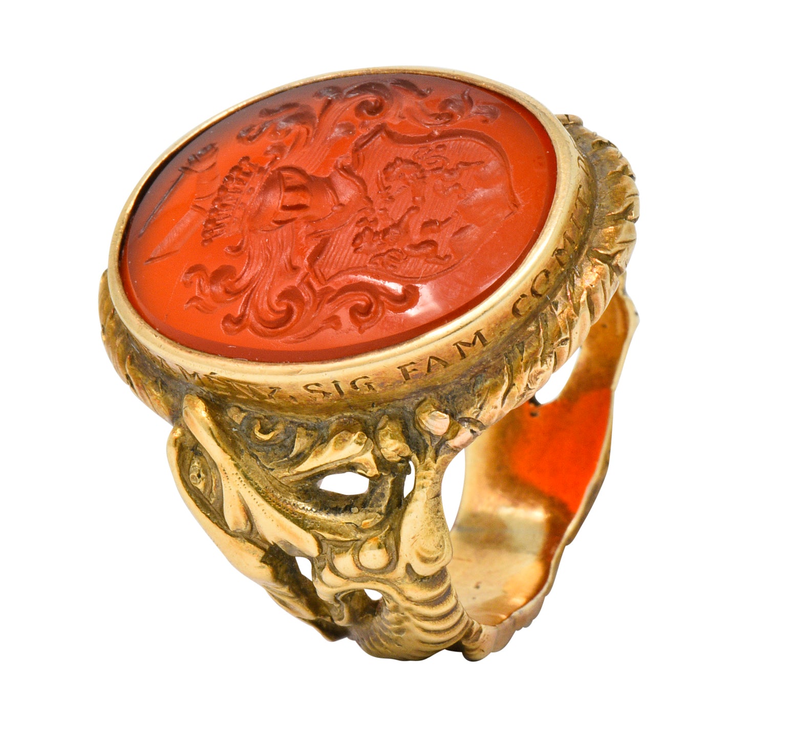 Victorian Carnelian Intaglio 14 Karat Gold Heraldry Men's Dragon Signet Ring - Wilson's Estate Jewelry