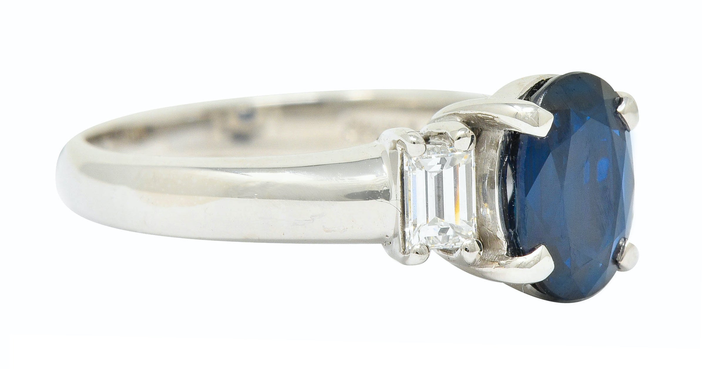 Contemporary 2.08 CTW Sapphire Diamond Platinum Three Stone RingRing - Wilson's Estate Jewelry