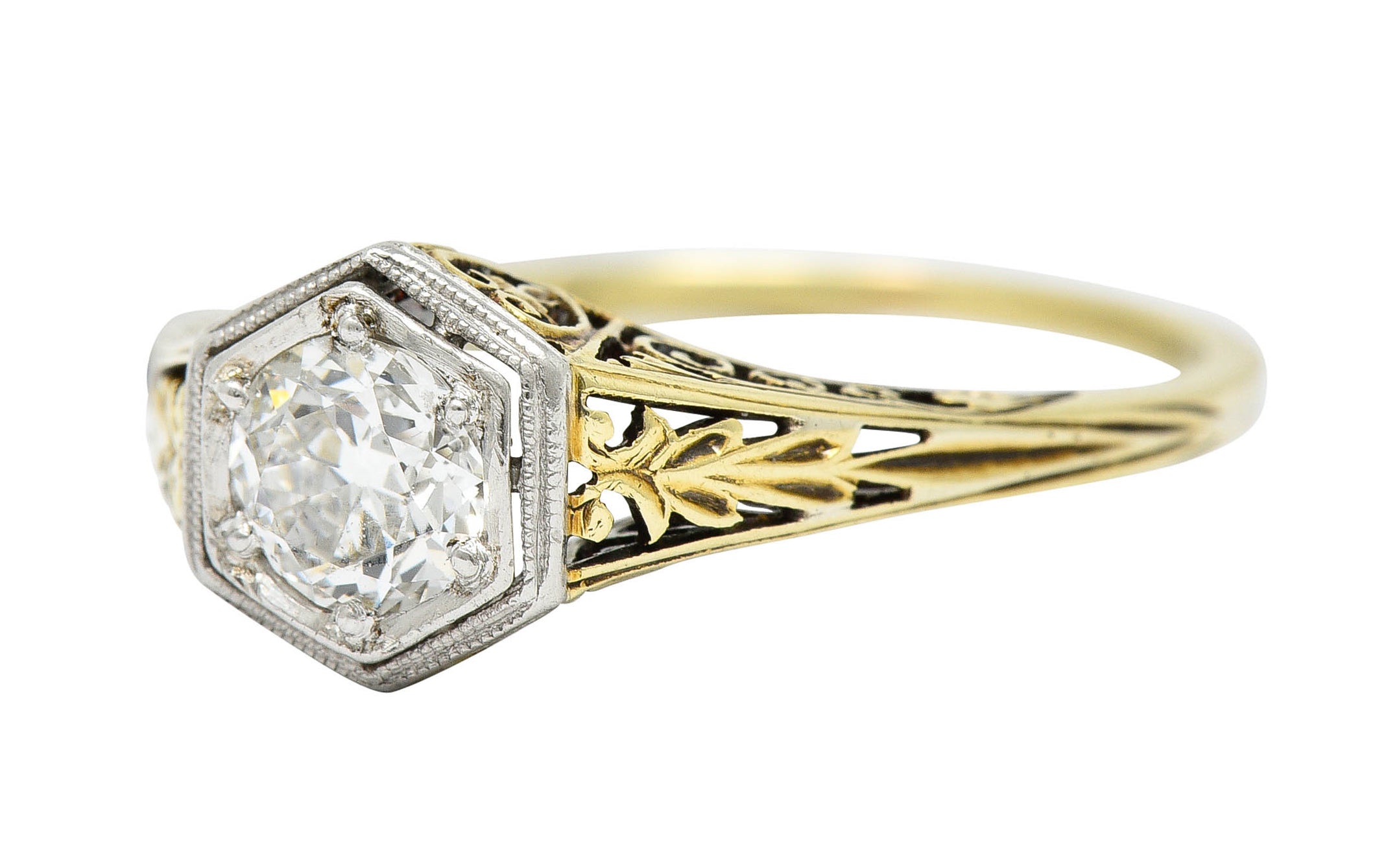 Edwardian 0.48 CTW Diamond Platinum-Topped 14 Karat Gold Hexagonal Engagement RingRing - Wilson's Estate Jewelry