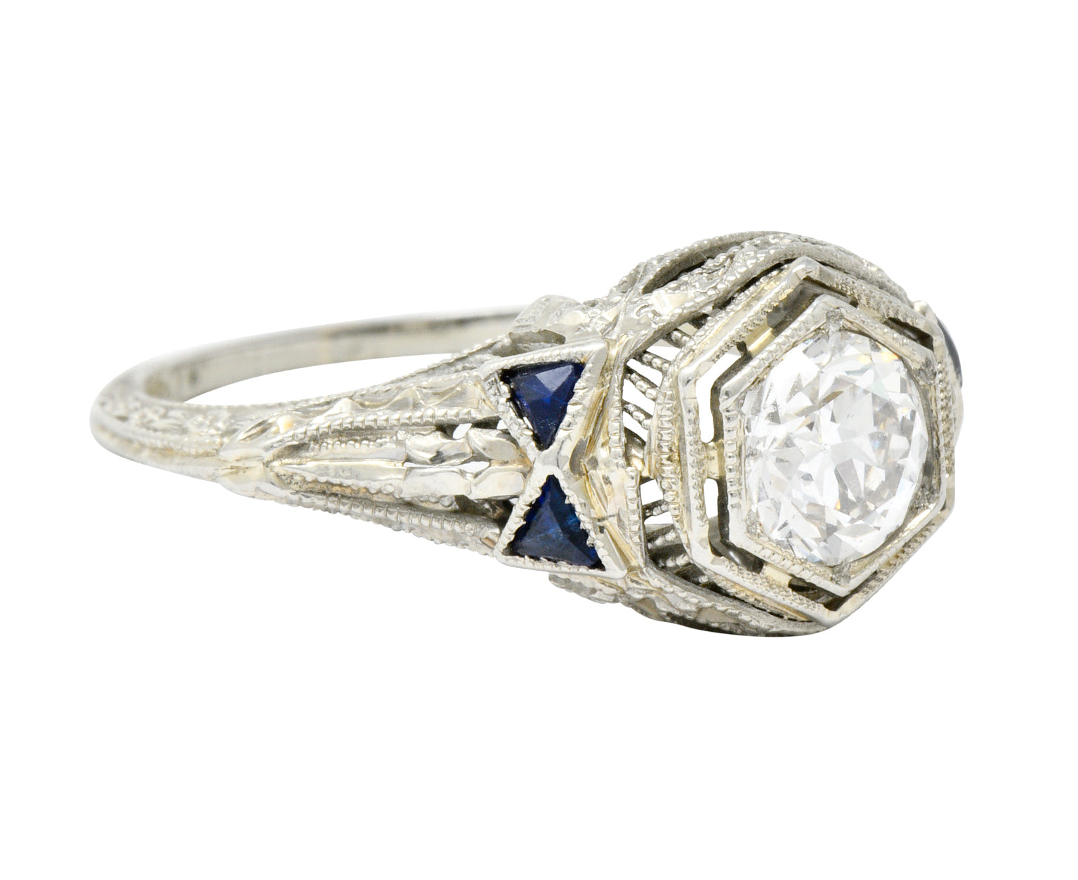 Art Deco 0.65 CTW Diamond Sapphire 18 Karat White Gold Engagement Ring Wilson's Estate Jewelry