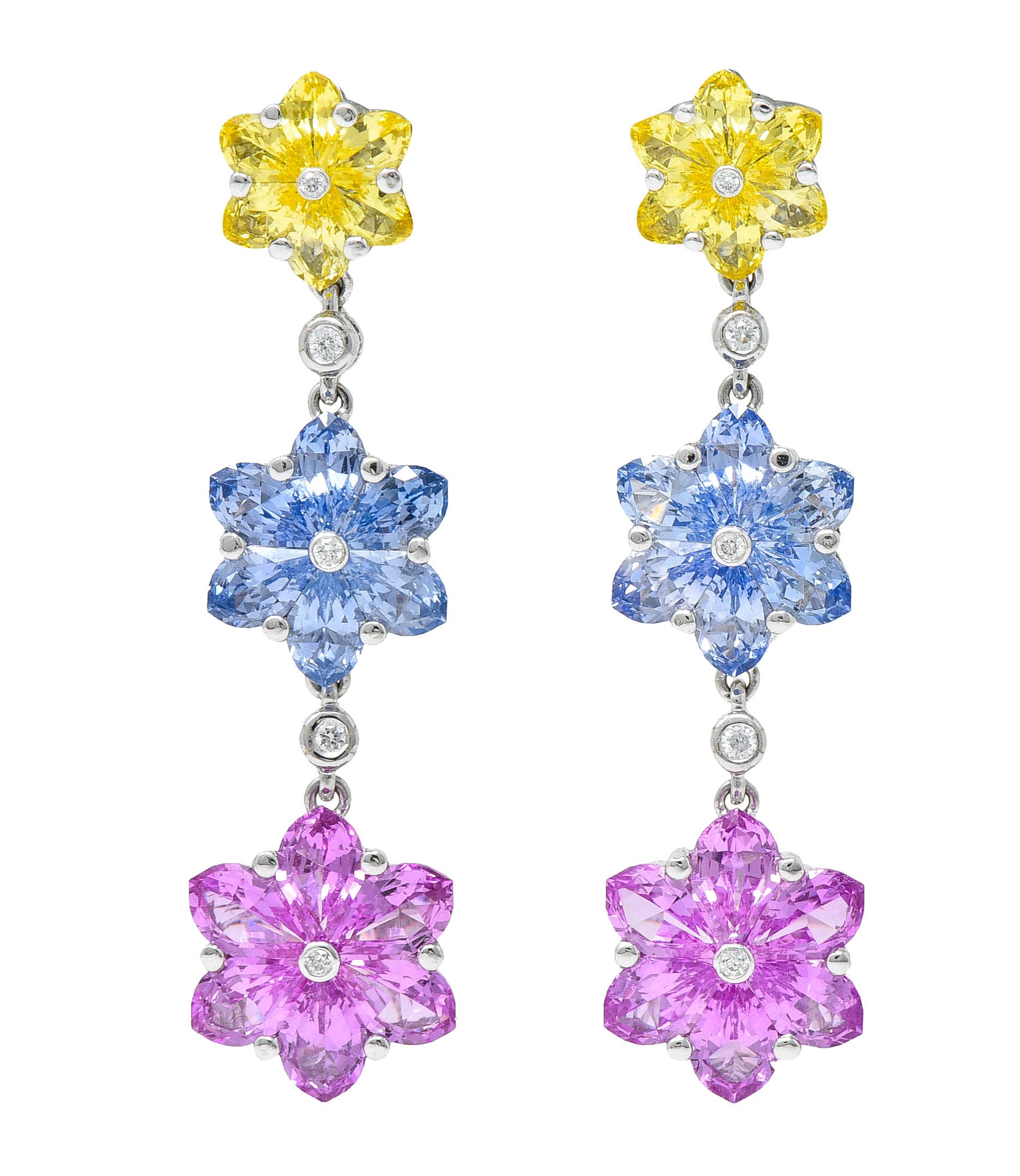 Contemporary 6.15 CTW Colored Sapphire Diamond 18 Karat White Gold Flower Drop EarringsEarrings - Wilson's Estate Jewelry